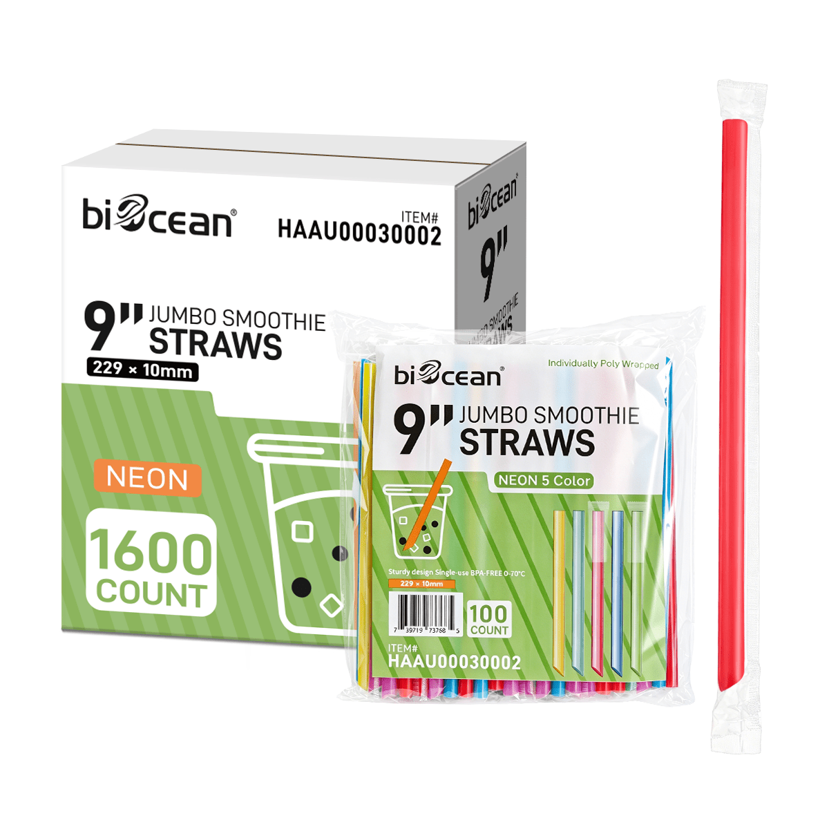 [1,600ct] 9" Pointed Cut Wrapped Smoothie Straw | Assorted Colors - Biocean by Danube BlueBiocean