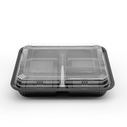 [252ct] PS Plastic  9 2/5" x 7 1/2" Bento Box with lid | 3-compartment | Black
