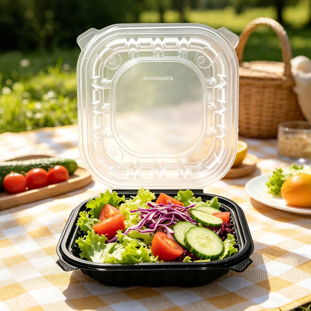 [150ct] 9" x 9" x 3" Premium PP Hinged Food Containers | 1-Compartment | Clear and Black