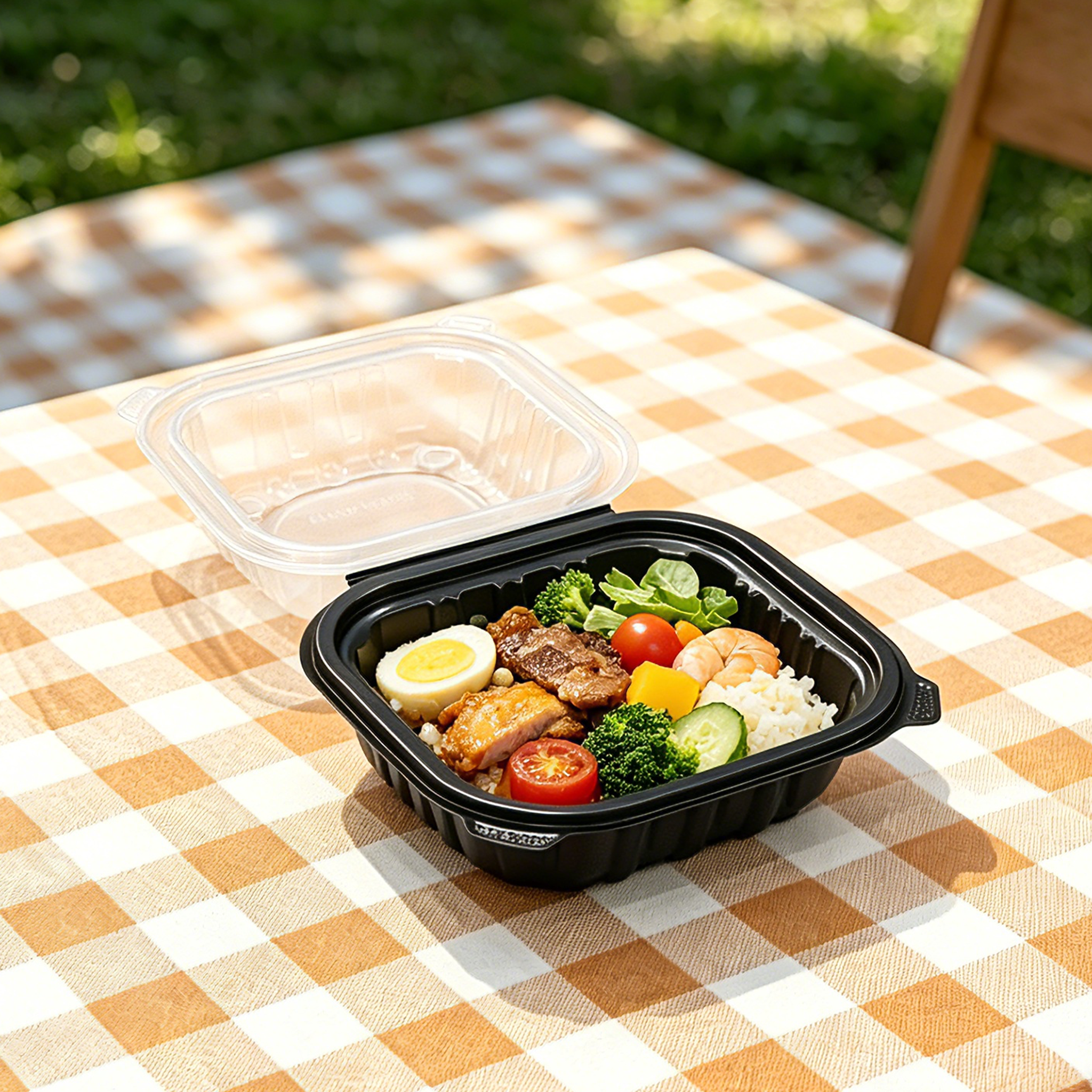 [250ct] 6" x 6" x 3"  Premium PP Hinged Food Containers | 1-Compartment | Clear and Black