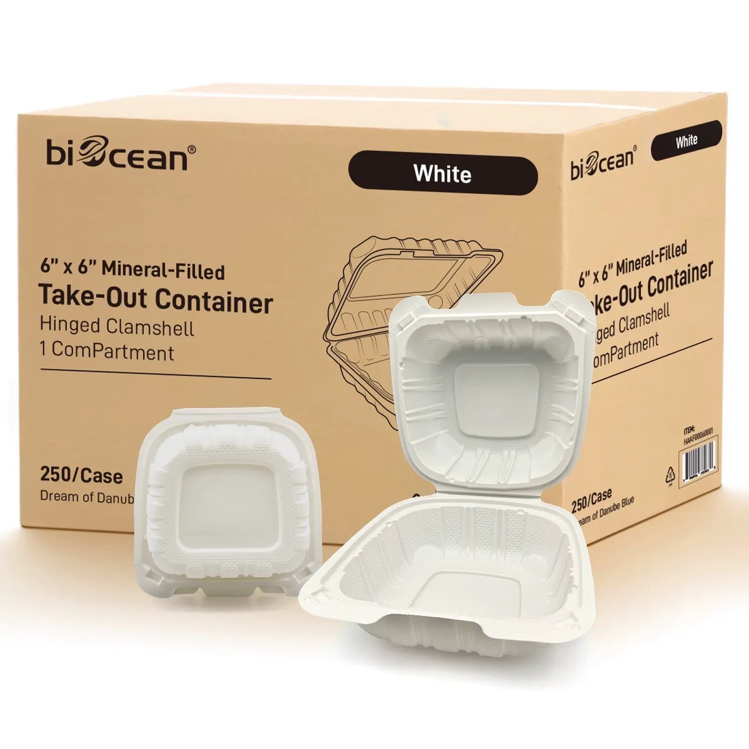 6" x 6" Mineral Filled White PP Hinged Container - 250/Case