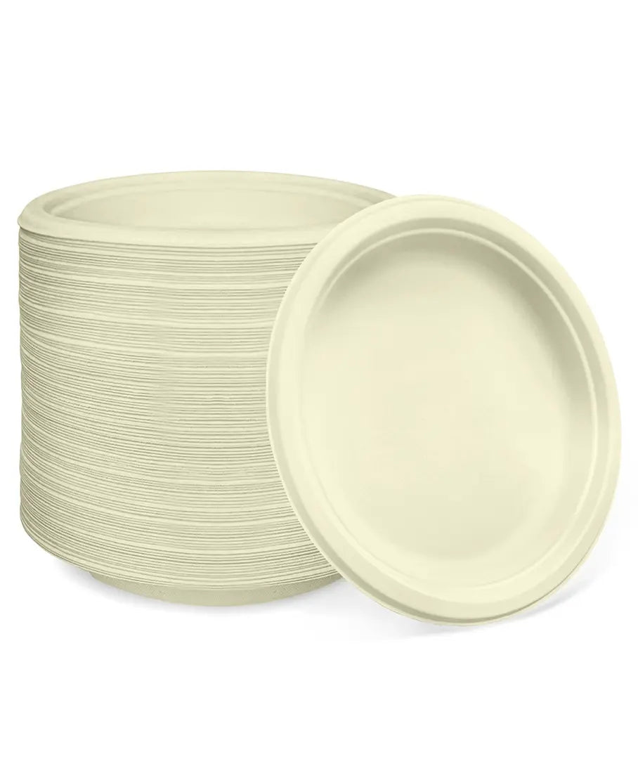 Natural Compostable  Bagasse 10-Inch Round Plates - 500/Case