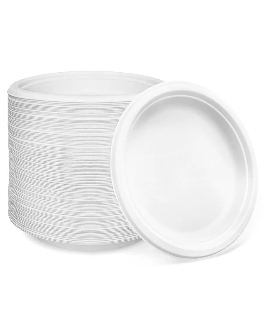 White Bagasse 10-Inch Round Plates - 500/Case