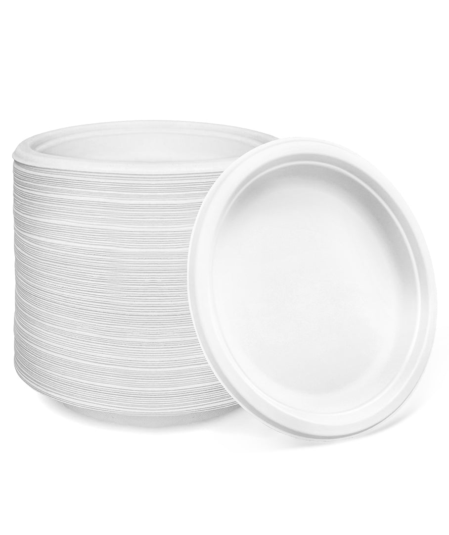 [500ct] Danube Blue 10" Compostable  Bagasse Plates | Round | White