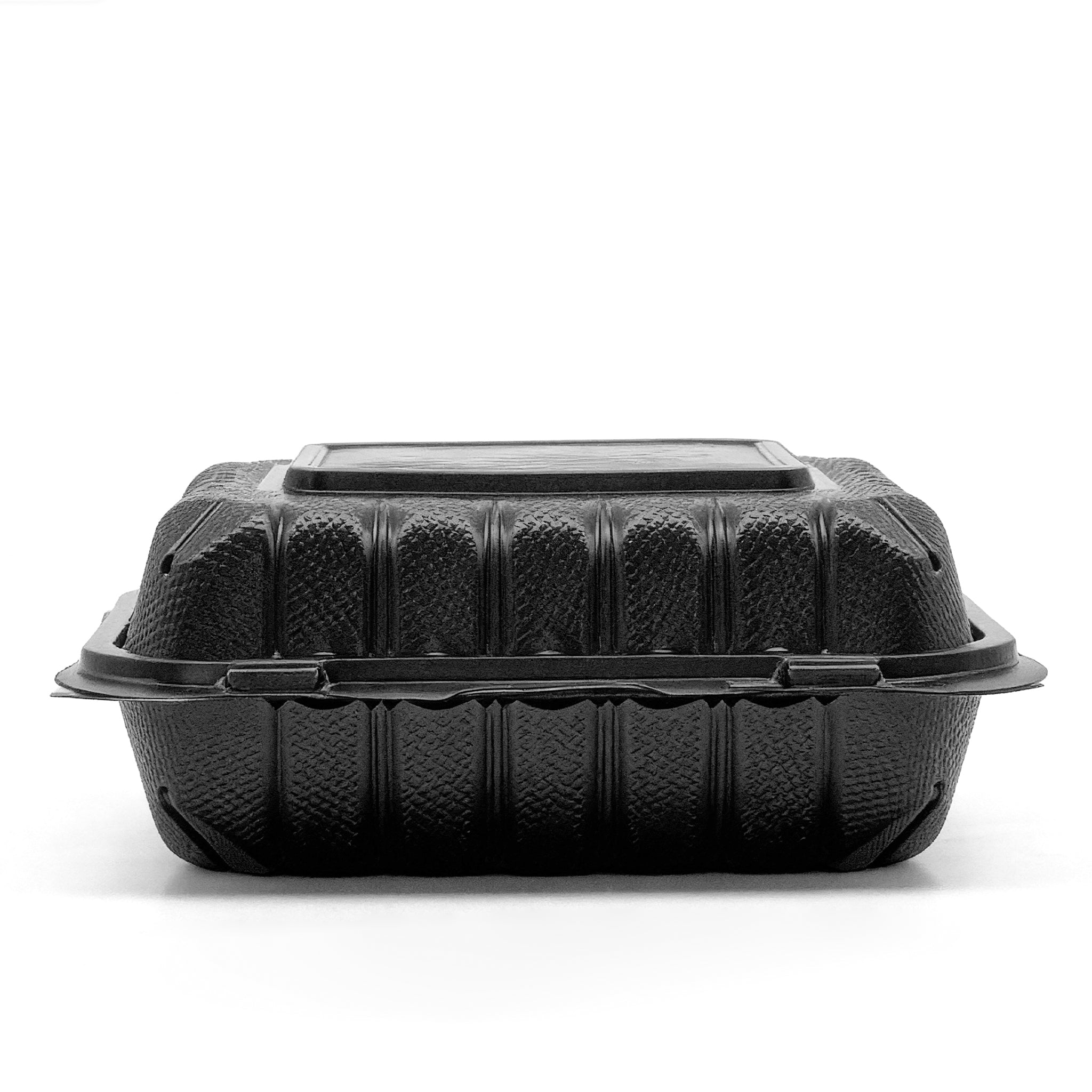 8" x 8" 3-Compartment Black PP Hinged Food Containers- 150/Case
