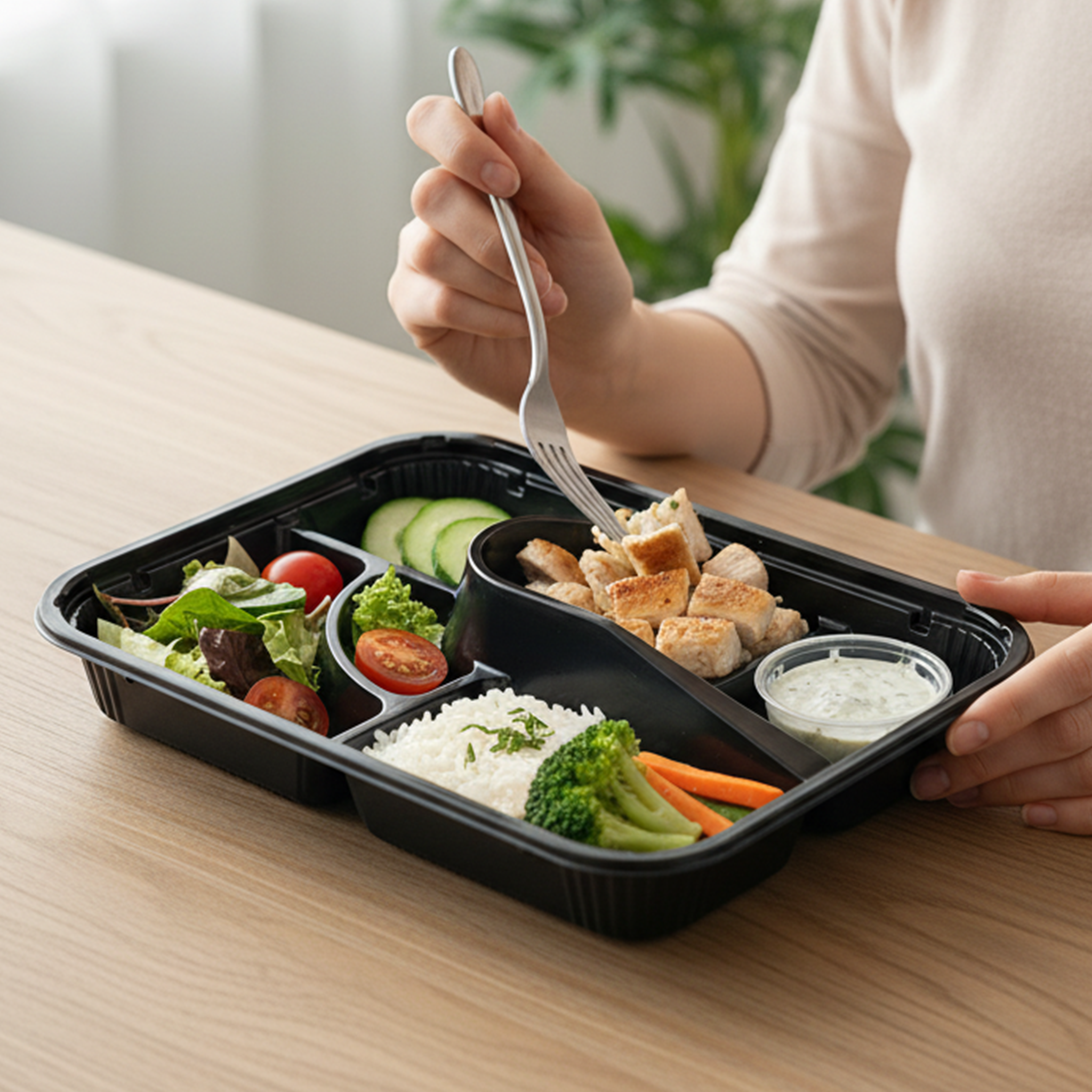 [200ct] PS Plastic 10 7/10" x 8 1/5" Bento Box with lid | 5-compartment | Black