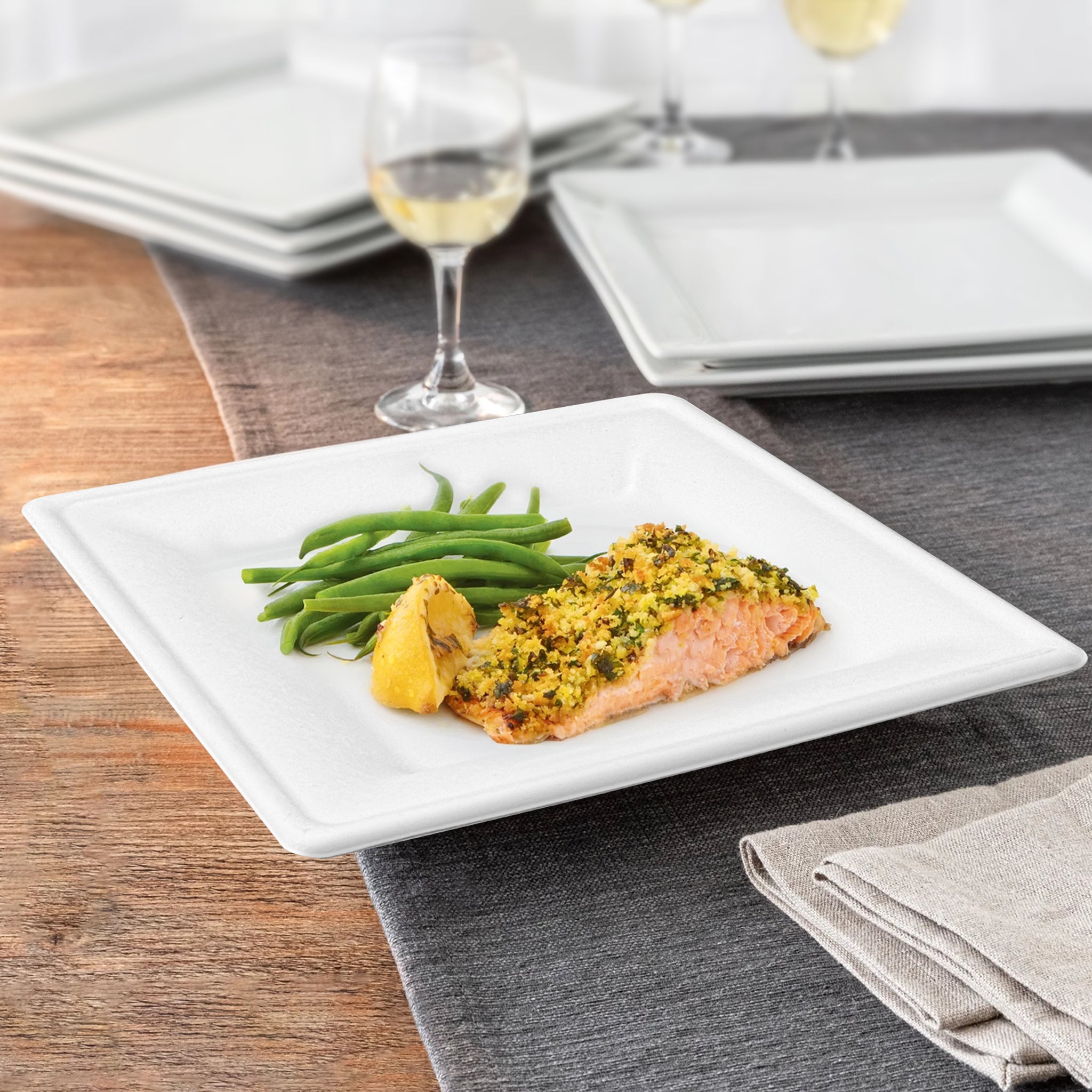 White Bagasse Eco-Friendly 10"×10" Square Plates - 500/Case