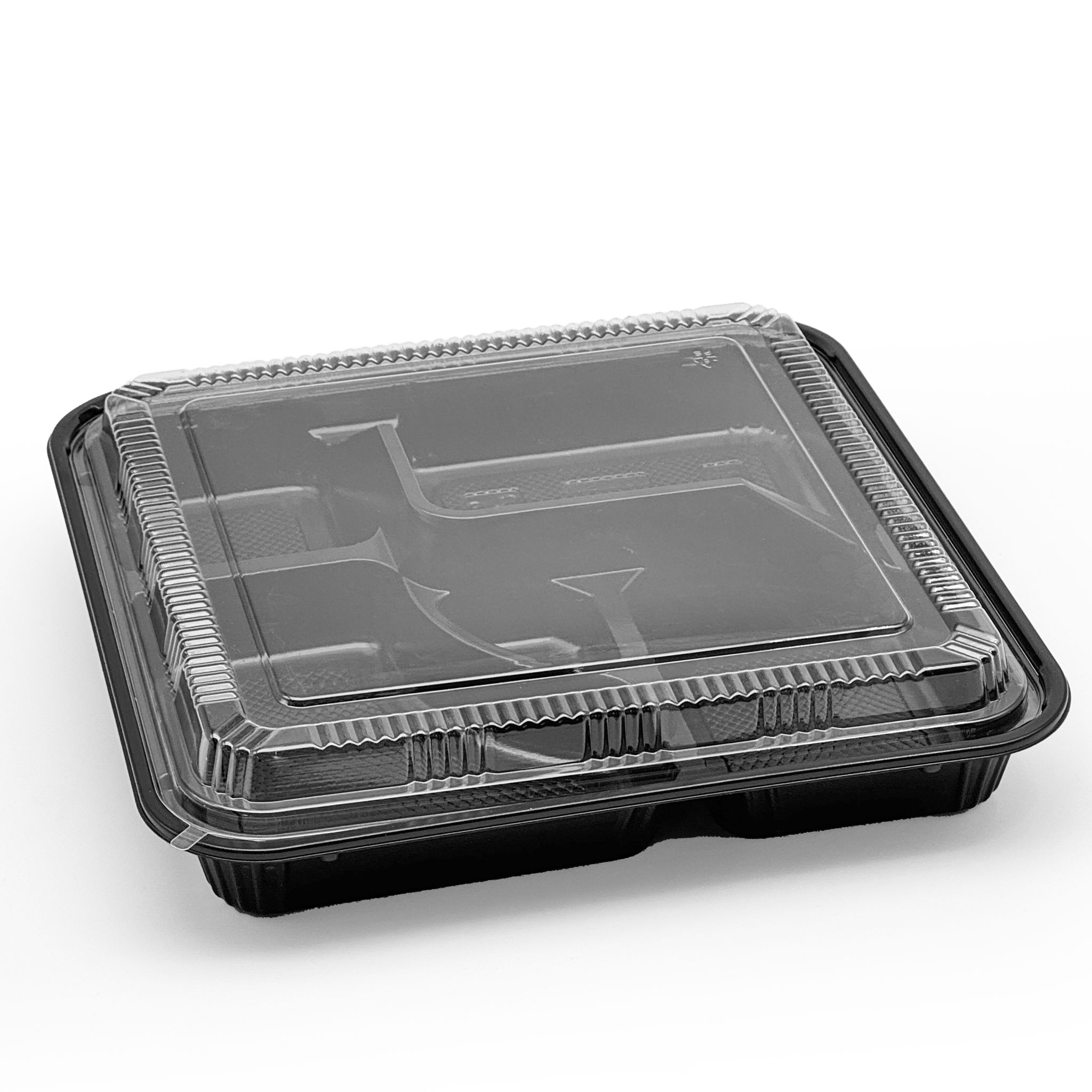 [100ct] PS Plastic  10 3/5" x 10 3/5" Bento Box with lid | 5-compartment | Black