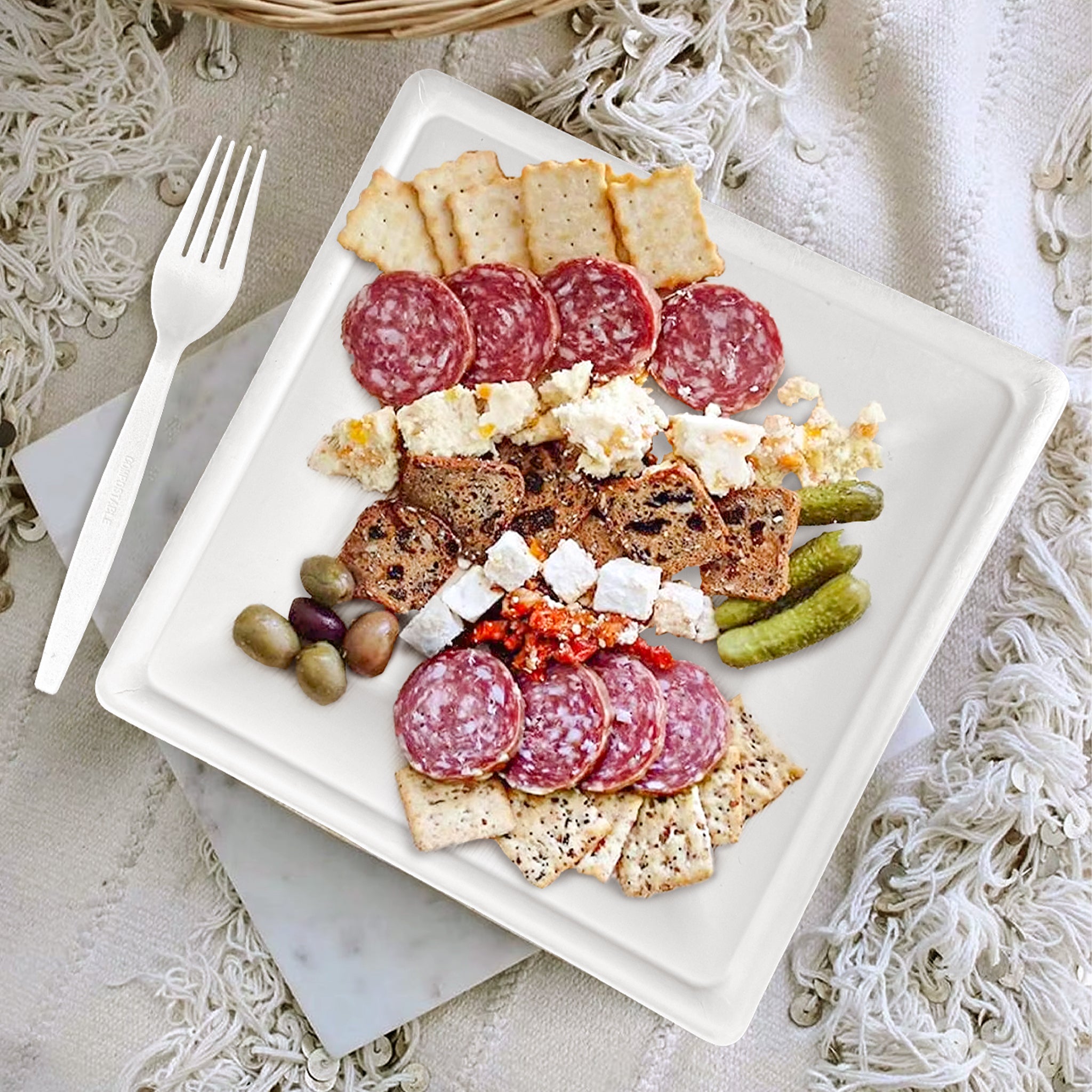 White  Bagasse Eco-Friendly  8"×8" Square Plates - 500/Case