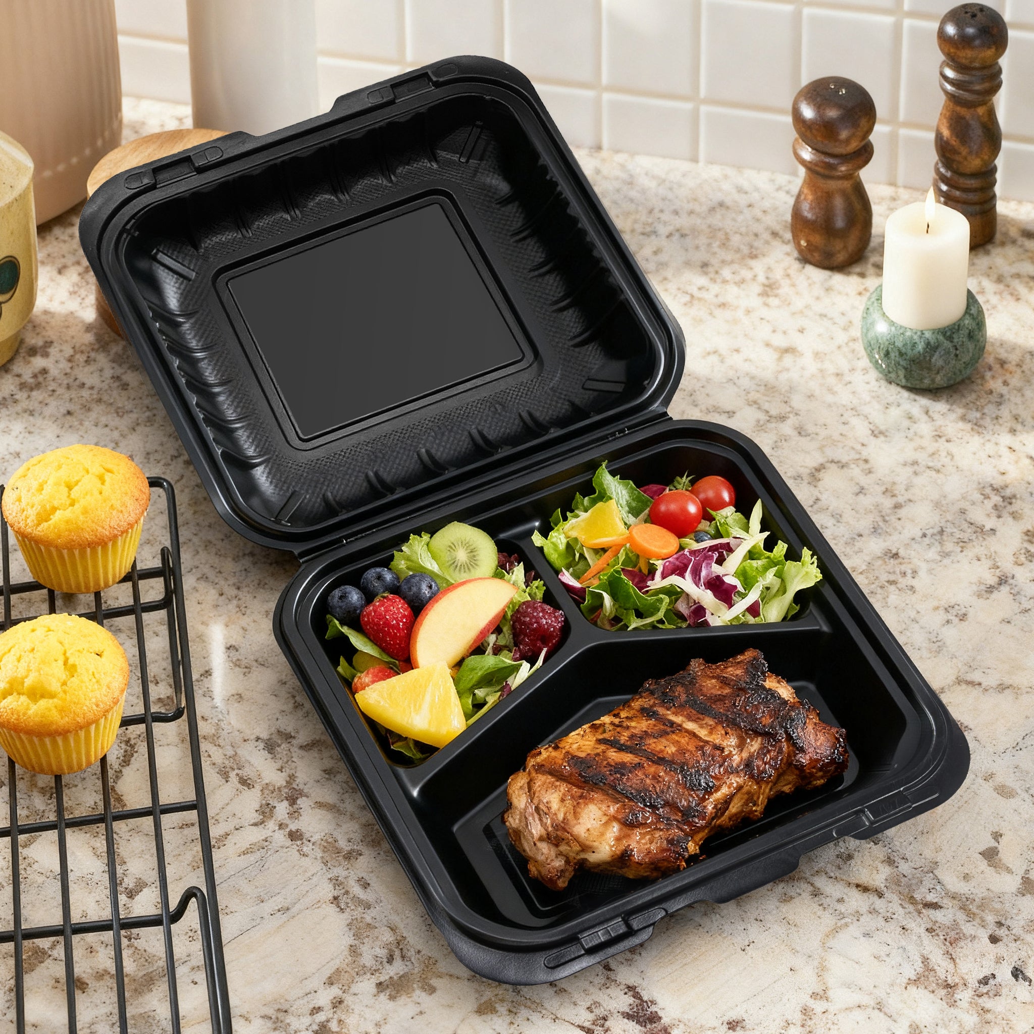 8" x 8" 3-Compartment Black PP Hinged Food Containers- 150/Case