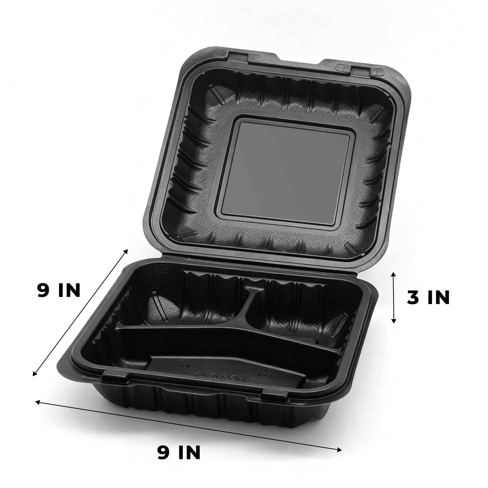 [150ct] 9" x 9"  Mineral-Filled PP Hinged Food Containers | 3-Compartment | Black