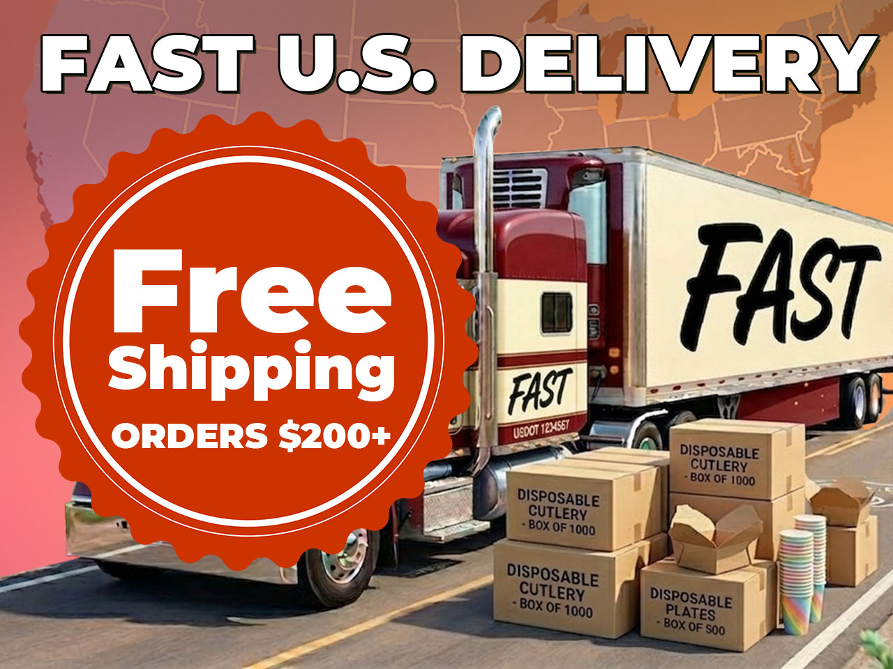 Truck delivering packages with 'Fast U.S. Delivery' and 'Free Shipping Orders $200+' text on a map background.