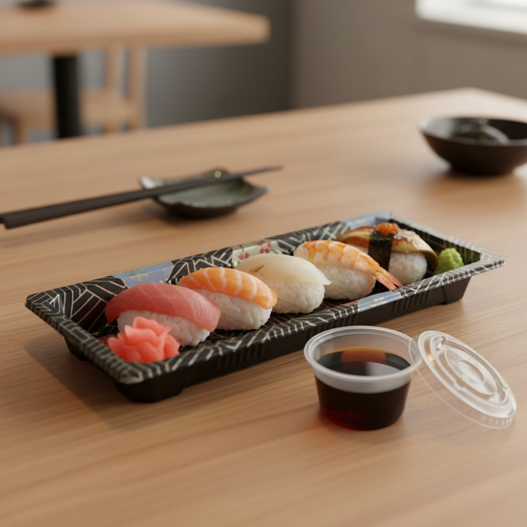 [1,400ct] PS Plastic 8 7/9" x 3 7/9" Sushi Tray Base with Lid | Black