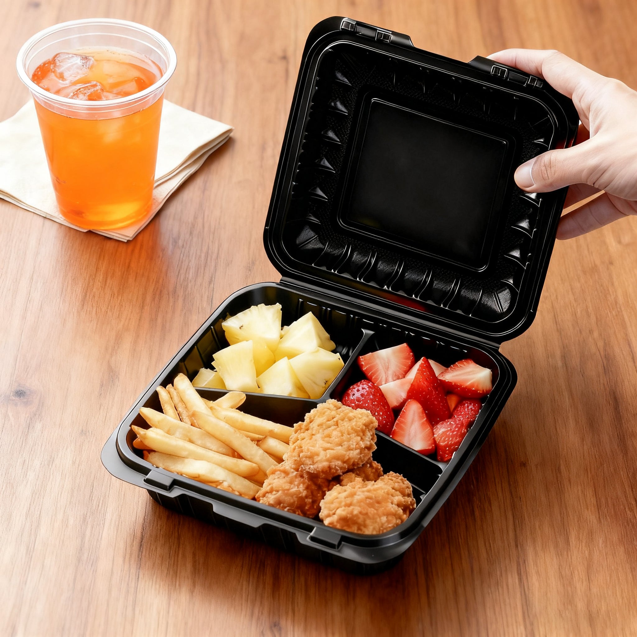 [150ct] 9" x 9"  Mineral-Filled PP Hinged Food Containers | 3-Compartment | Black
