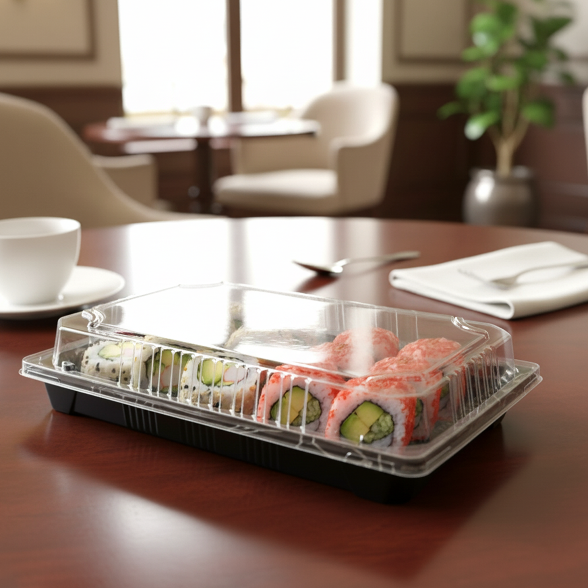[1,000ct] PS Plastic 8 23/50" x 5 2/5" Sushi Tray Base with Lid | Black