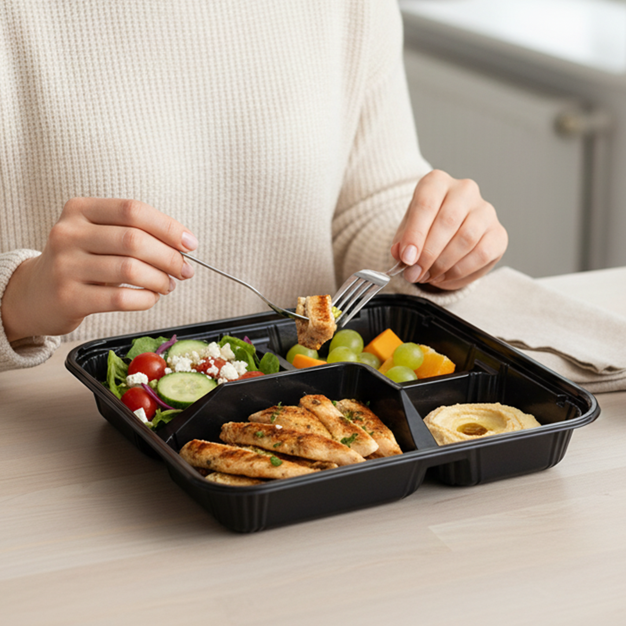 [100ct] PS Plastic  10 3/5" x 10 3/5" Bento Box with lid | 5-compartment | Black