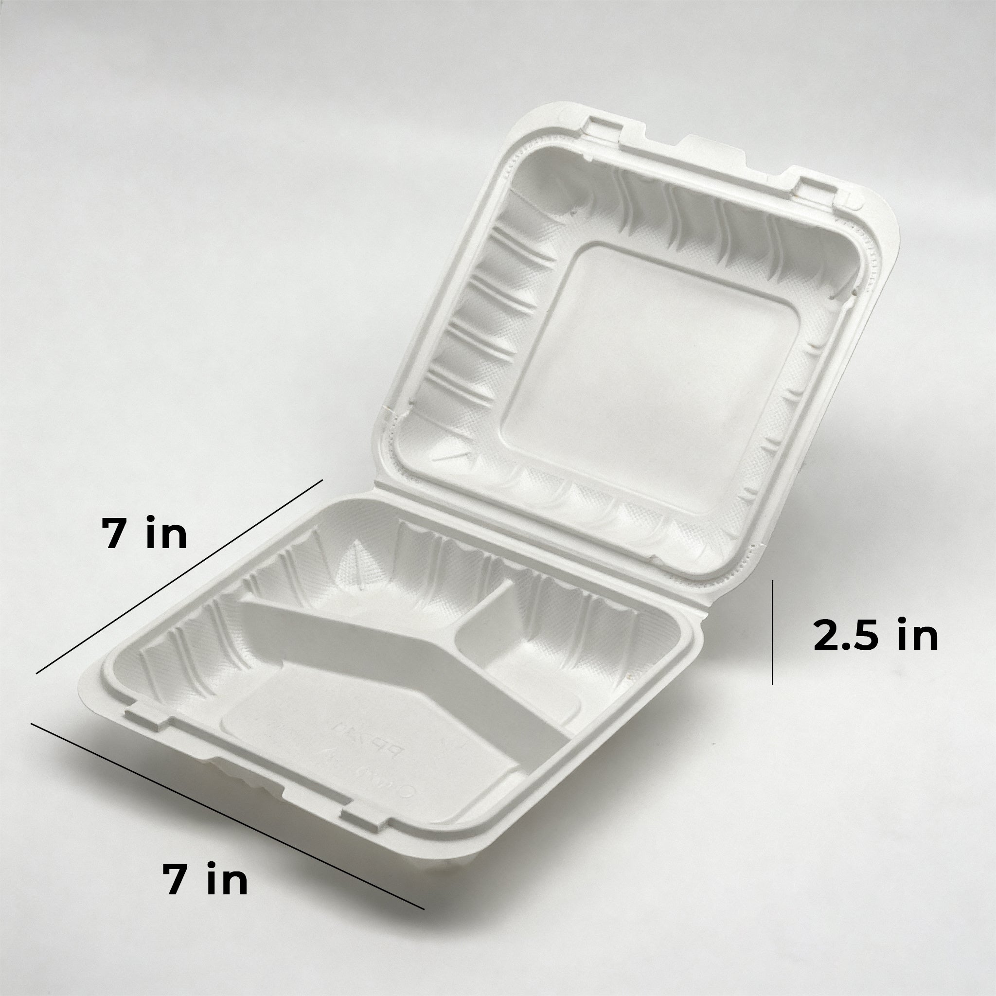 [150ct] 7" x 7" Mineral Filled PP Hinged Containers | 3-Compartment  | White