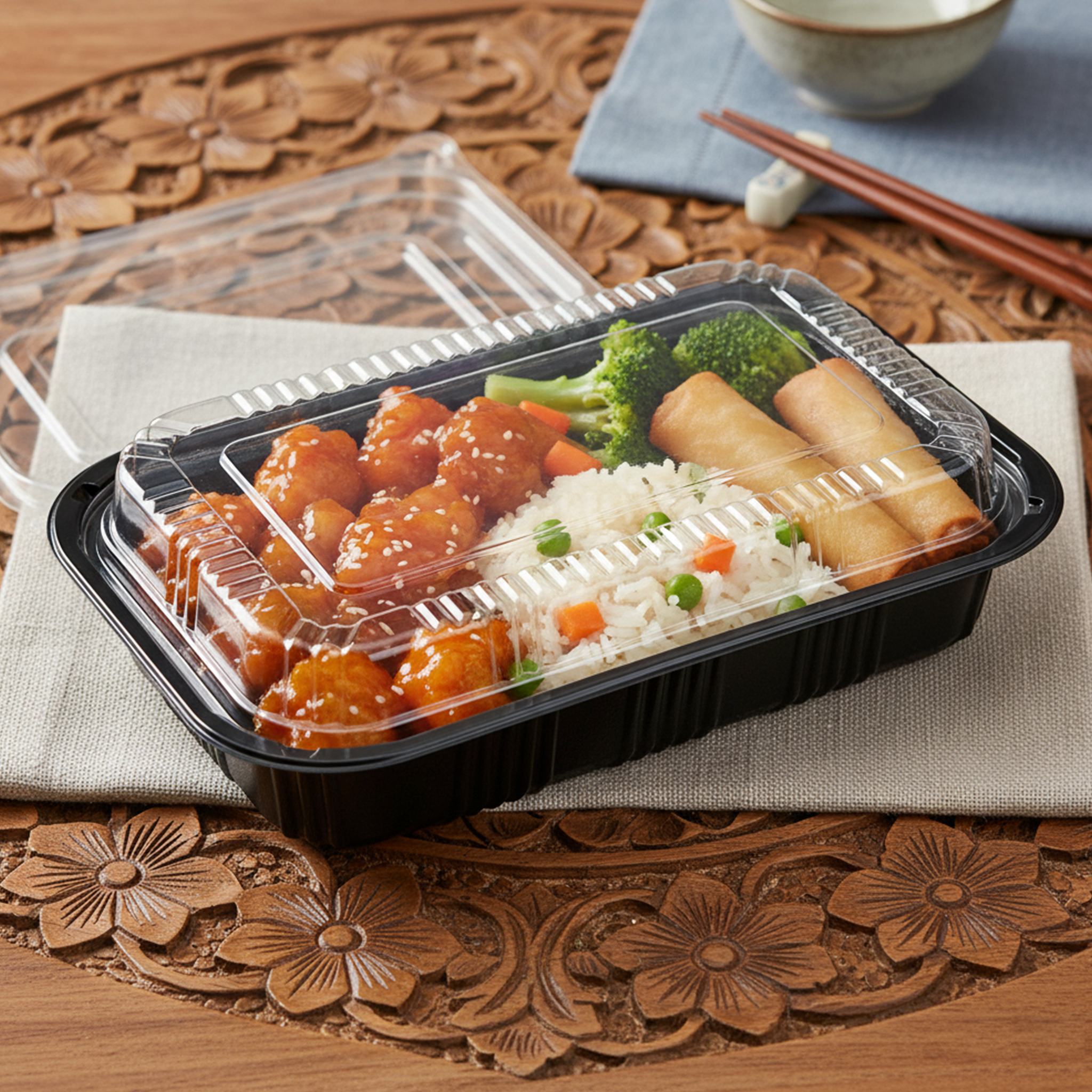 [450ct] 8 1/5" x 5 1/3" PS Plastic Rectangular Food Containers & Lids | Black