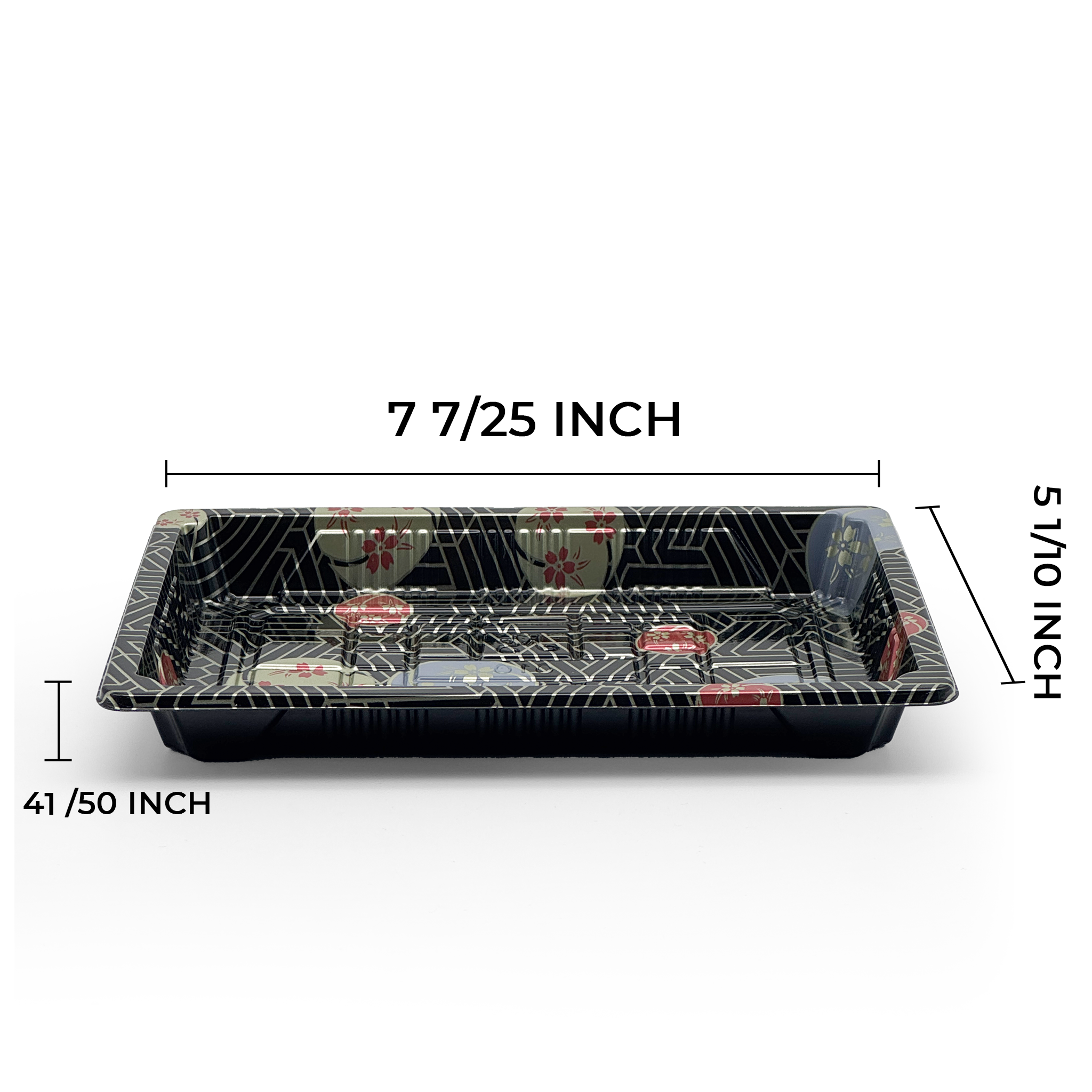 [1,200ct] PS Plastic 7 7/25" x 5 1/10" Sushi Tray Base with Lid | Black