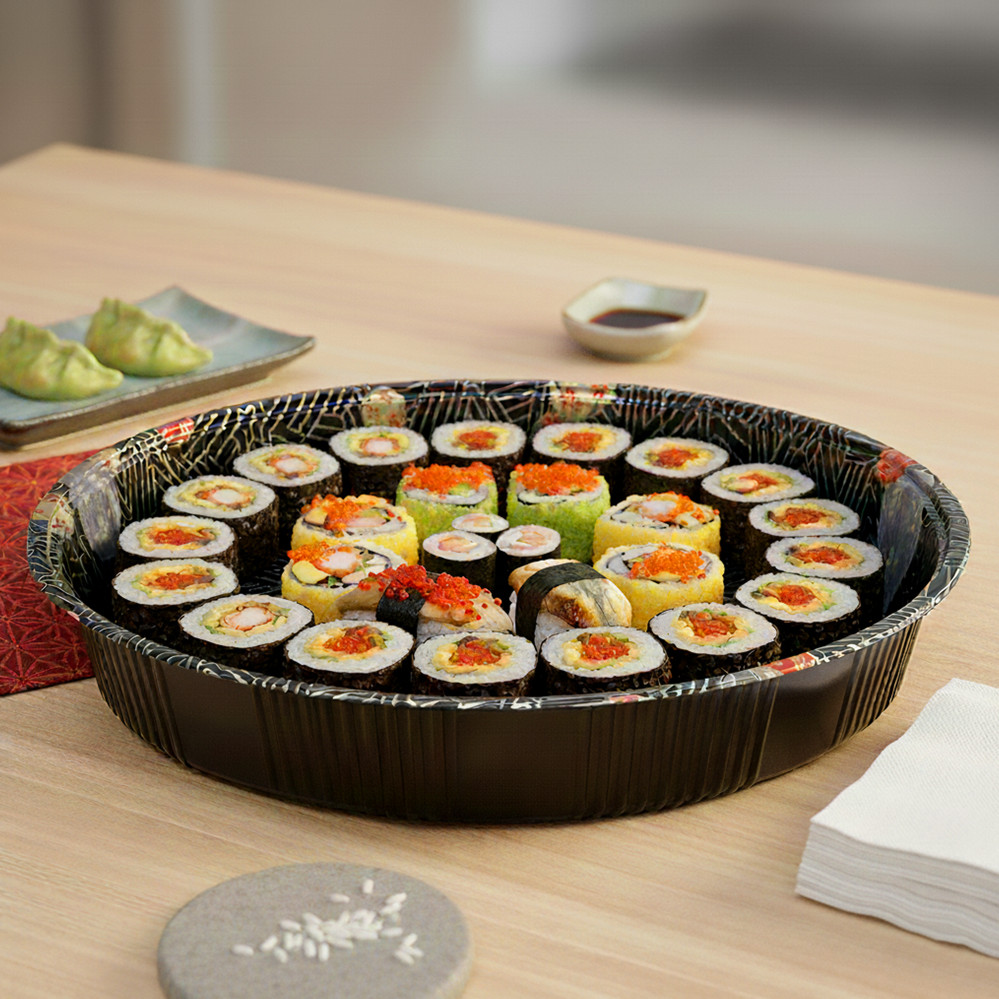 [60ct] 13" PET Sushi Tray with Lid | Round | Black
