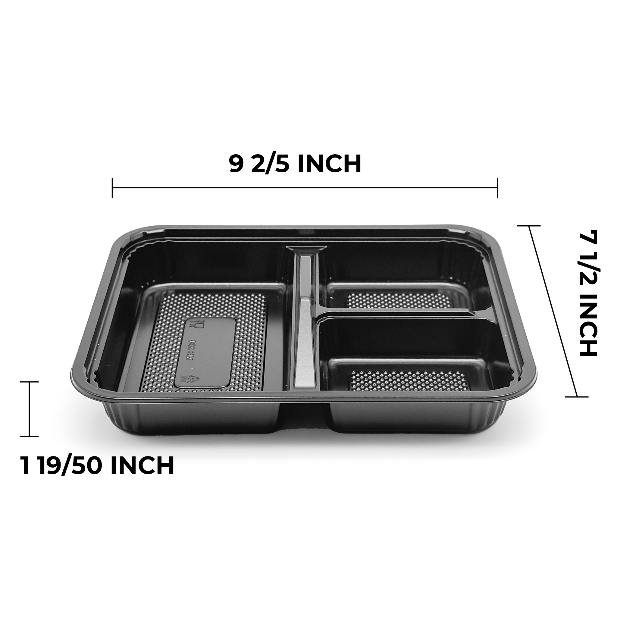 [252ct] PS Plastic  9 2/5" x 7 1/2" Bento Box with lid | 3-compartment | Black