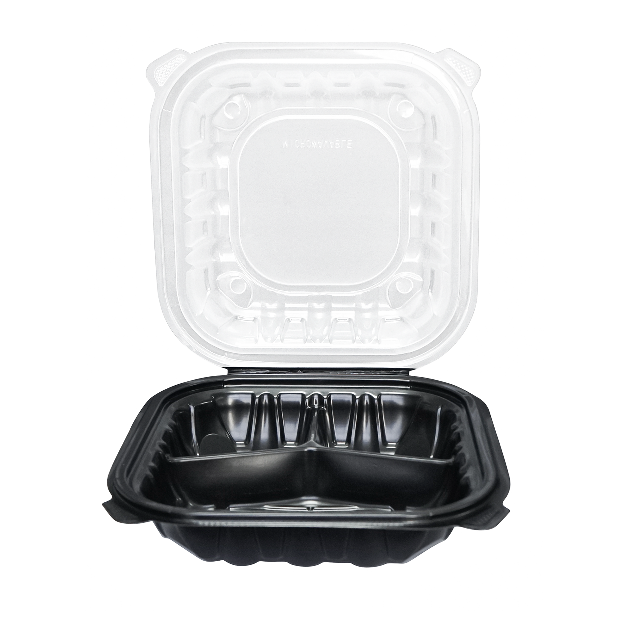 [100ct] 9" x 9"  Premium PP Hinged Food Containers | 3-Compartment | Clear and Black