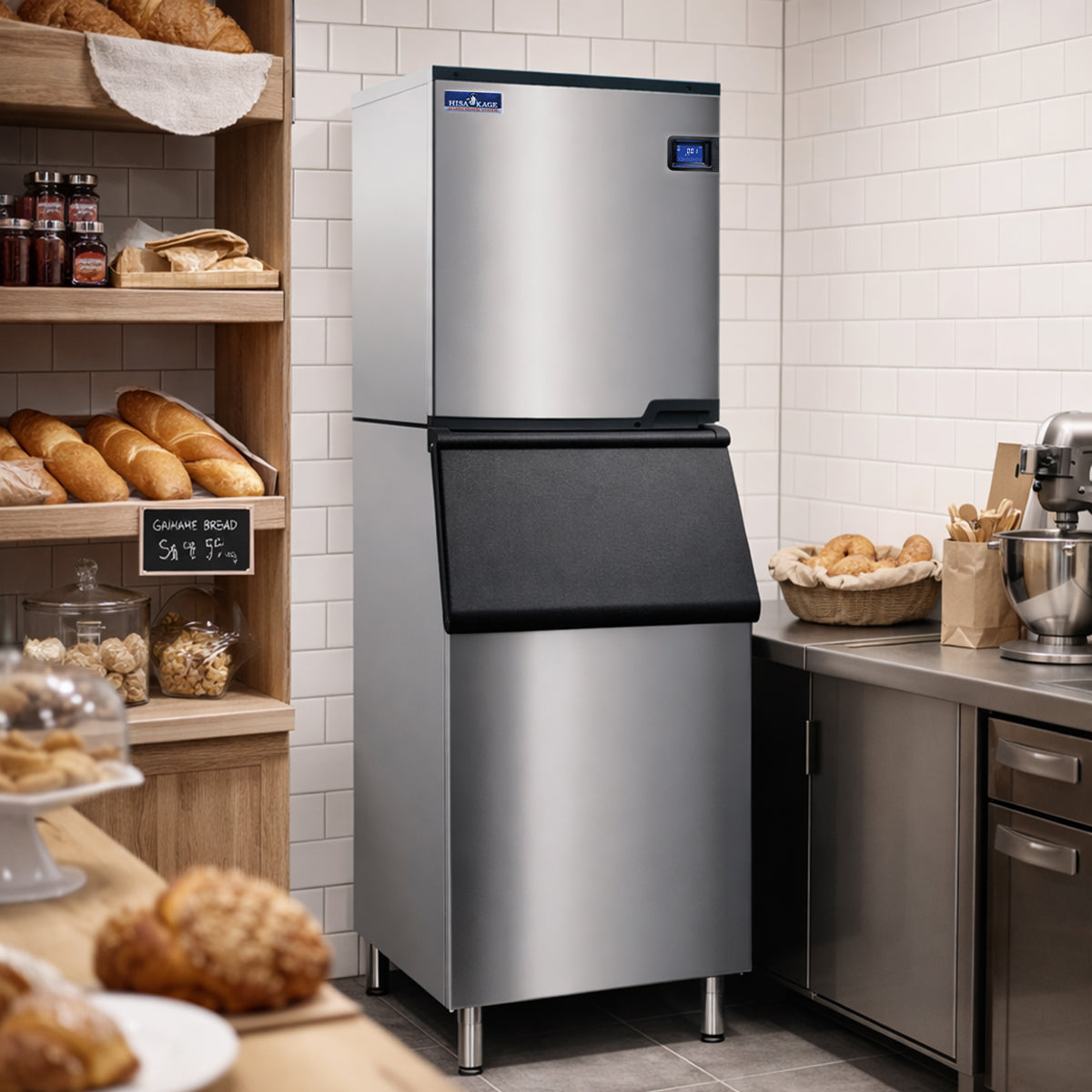 HISAKAGE 22" AC-500W  Water-cooled Split Cube Ice Machine with 352lbs Storage Bin - 480 lbs Daily Output, 115V