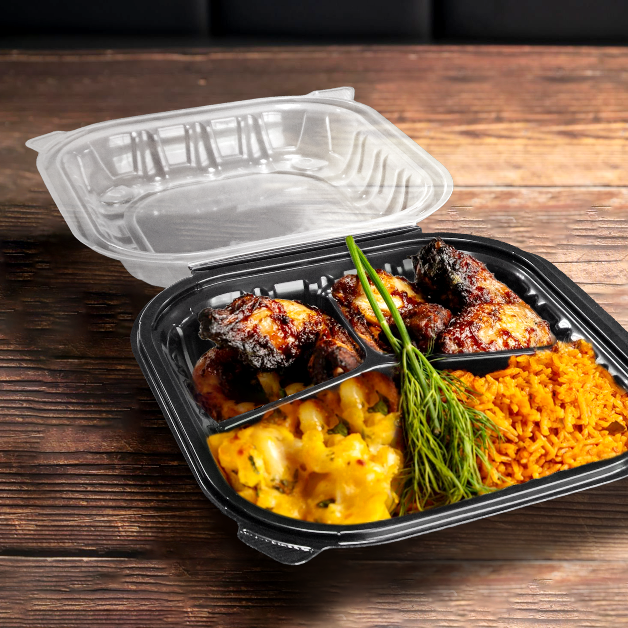 [100ct] 9" x 9"  Premium PP Hinged Food Containers | 3-Compartment | Clear and Black