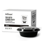 [150ct] 32 oz PP Plastic Microwaveable Takeout Containers & Lids | Round | Black