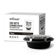 [150ct] 16 oz PP Plastic Microwaveable Takeout Containers & Lids | Round | Black