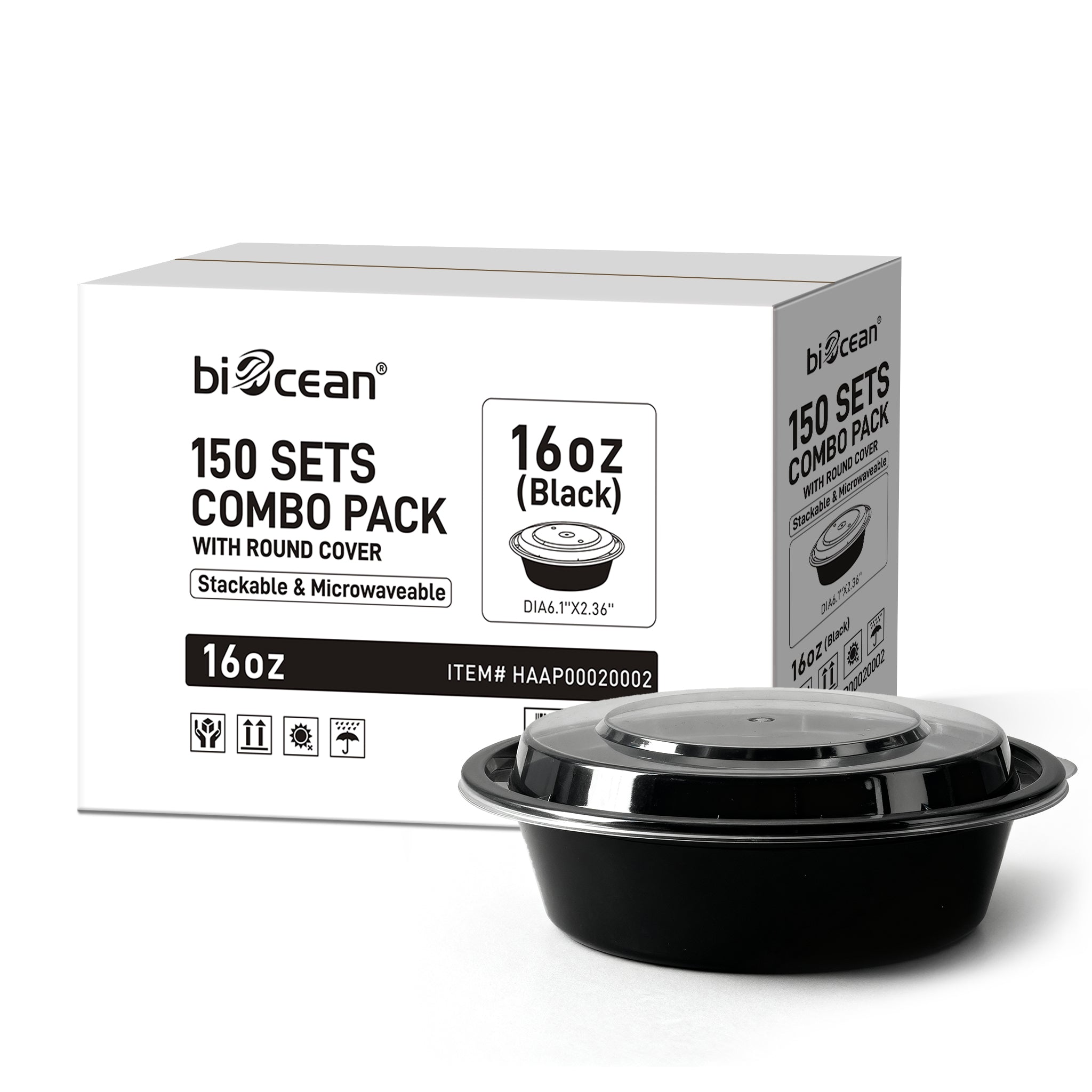 [150ct] 16 oz PP Plastic Microwaveable Takeout Containers & Lids | Round | Black