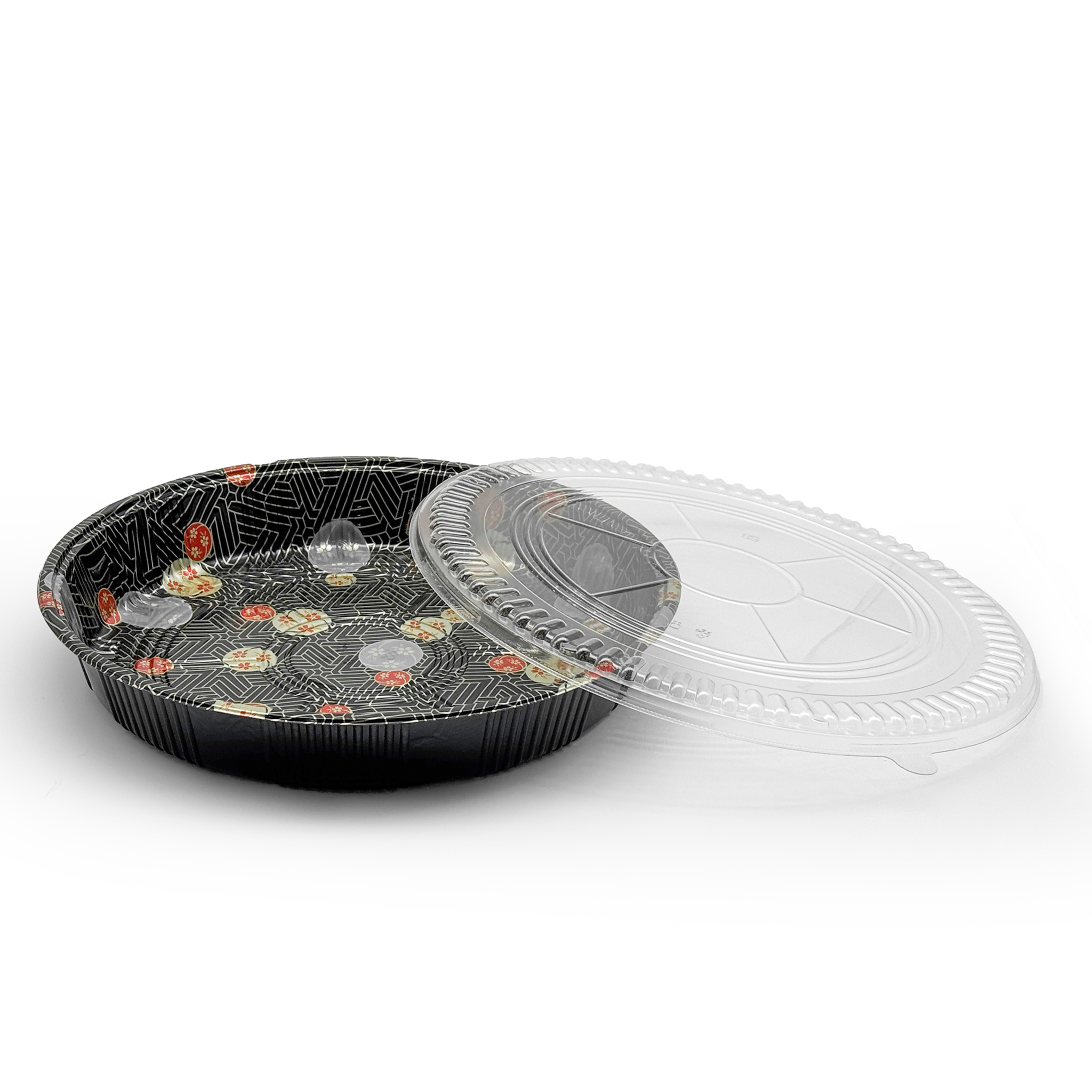 [60ct] 13.7" PET Sushi Tray with Lid | Round | Black