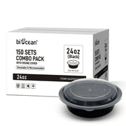 [150ct] 24 oz PP Plastic Microwaveable  Takeout Containers & Lids | Round | Black