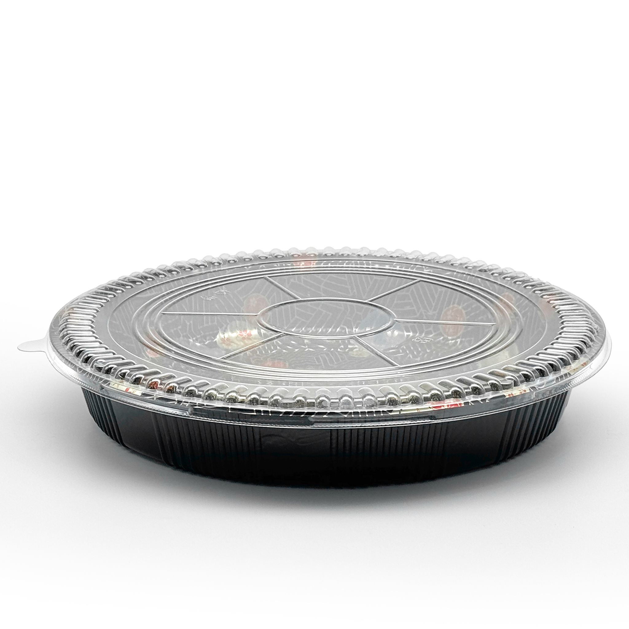 [60ct] 14.8" PET Sushi Tray with Lid | Round | Black