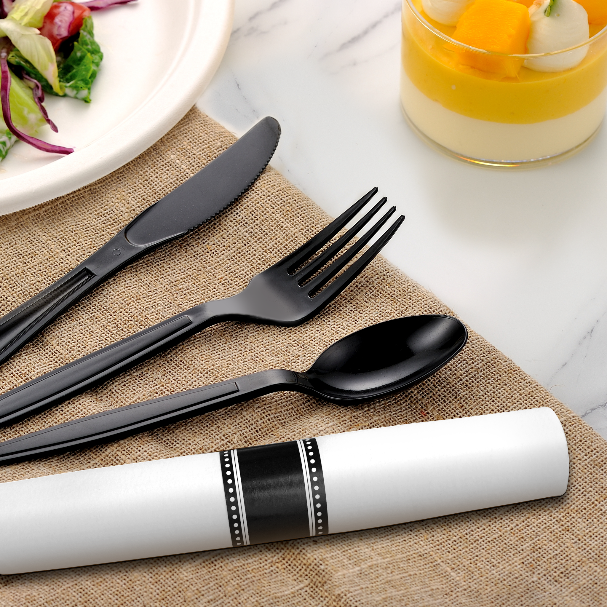[100ct] 17.5" × 15.5" Pre-Rolled Linen-Feel Napkin and  Heavy Weight PS Plastic Cutlery Set | Black