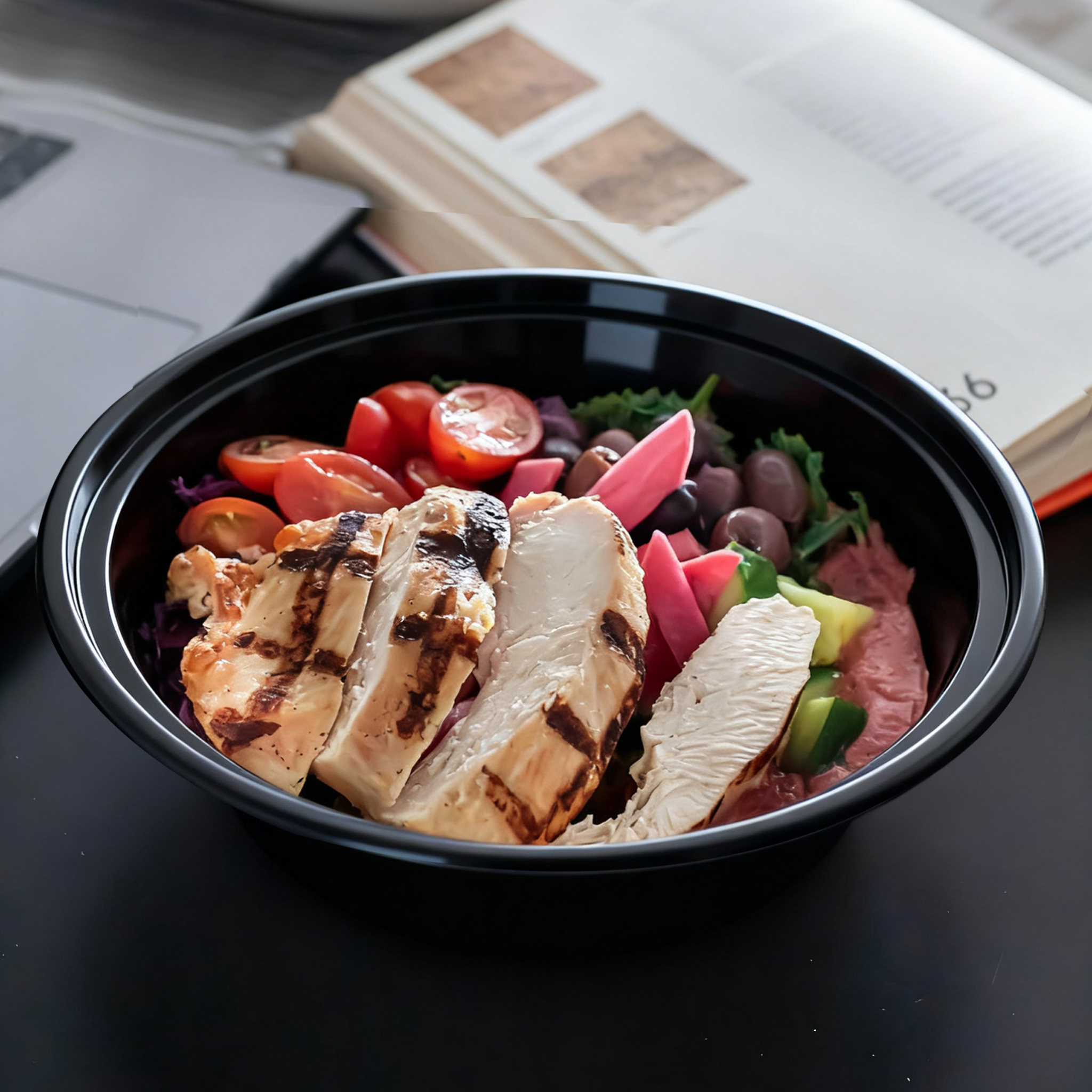 [150ct] 16 oz PP Plastic Microwaveable Takeout Containers & Lids | Round | Black