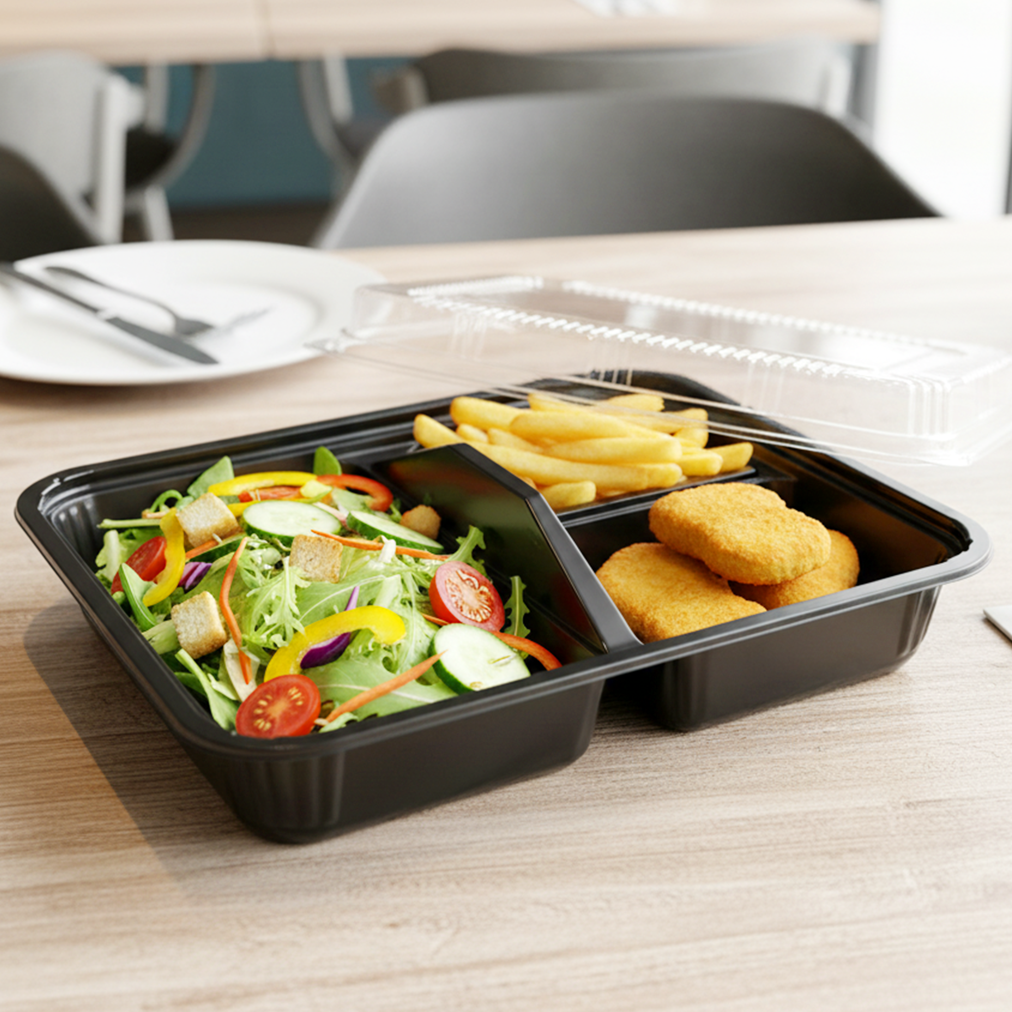 [252ct] PS Plastic  9 2/5" x 7 1/2" Bento Box with lid | 3-compartment | Black