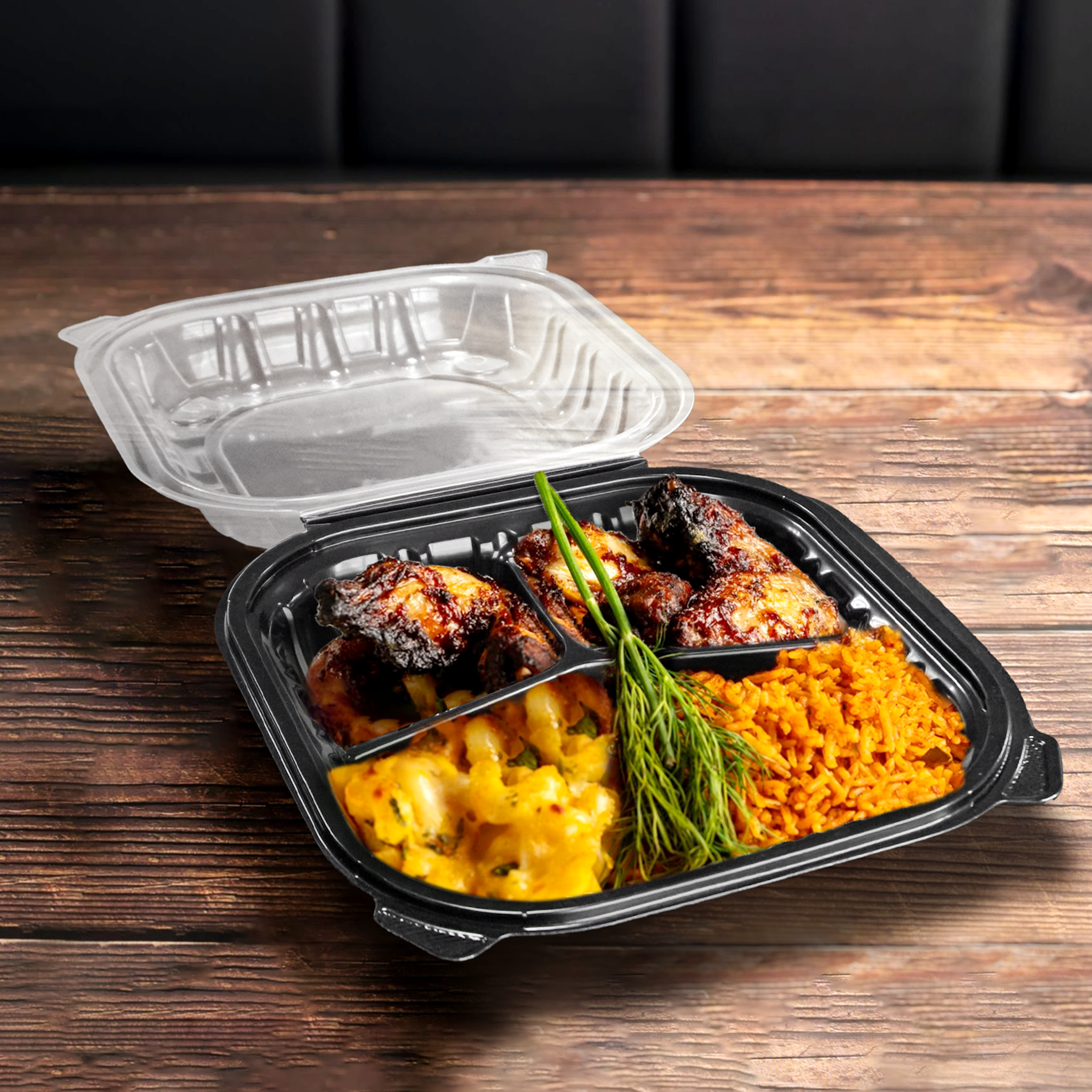 [100ct] 8" x 8"  Premium PP Hinged Food Containers | 3-Compartment | Clear and Black