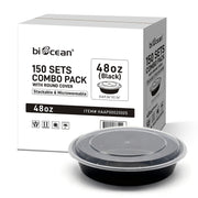 [150ct] 48 oz PP Plastic Microwaveable Takeout Containers & Lids | Round | Black