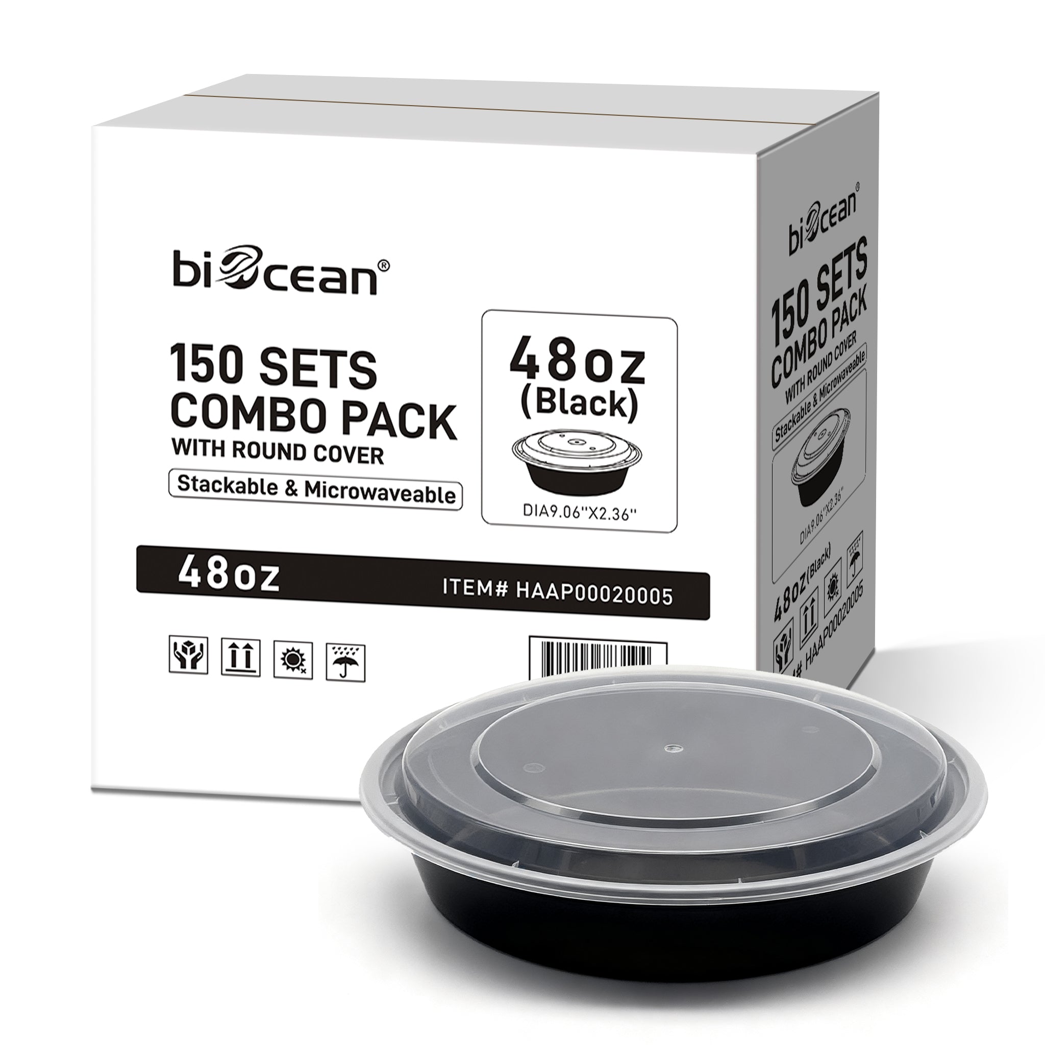 [150ct] 48 oz PP Plastic Microwaveable Takeout Containers & Lids | Round | Black