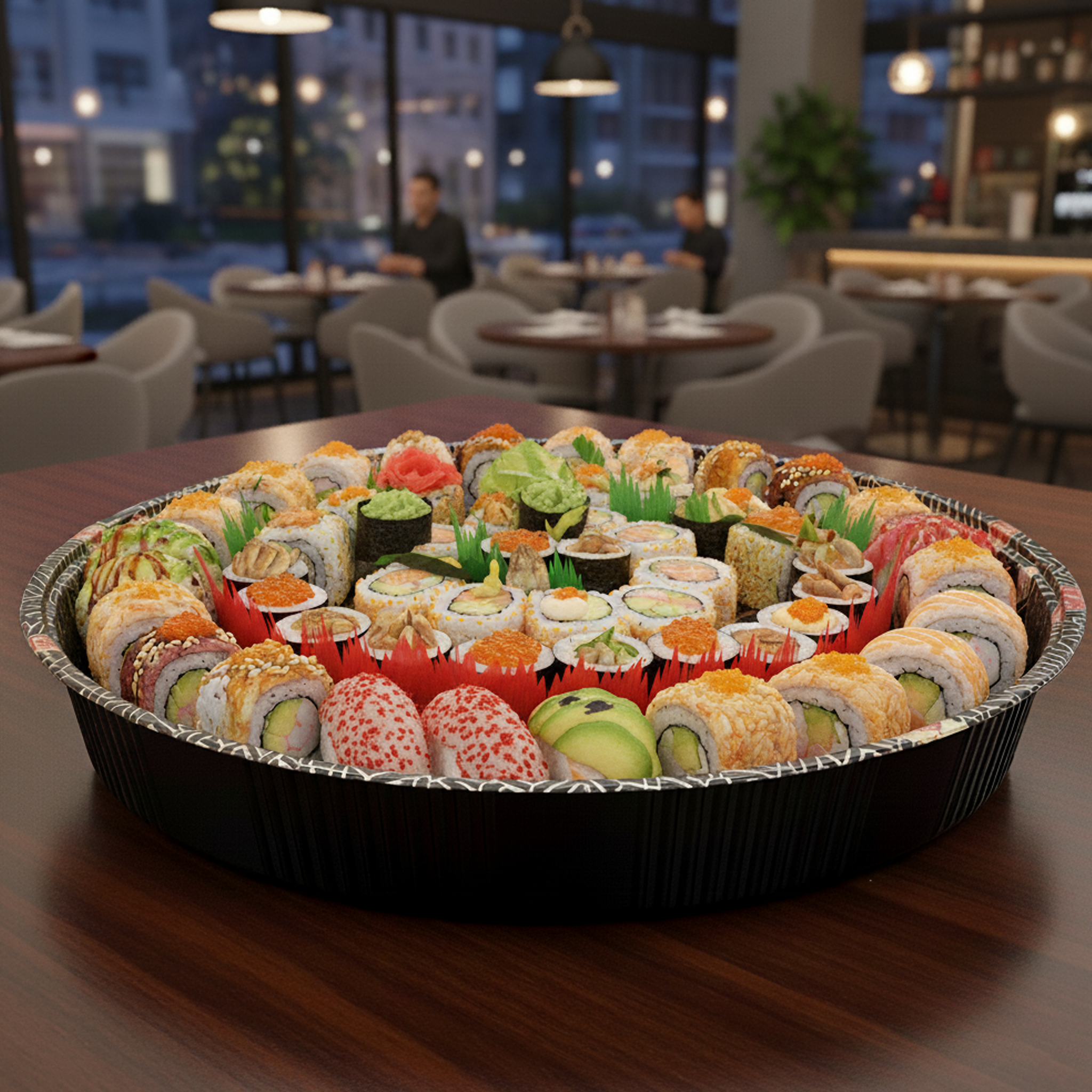 [60ct] 14.8" PET Sushi Tray with Lid | Round | Black