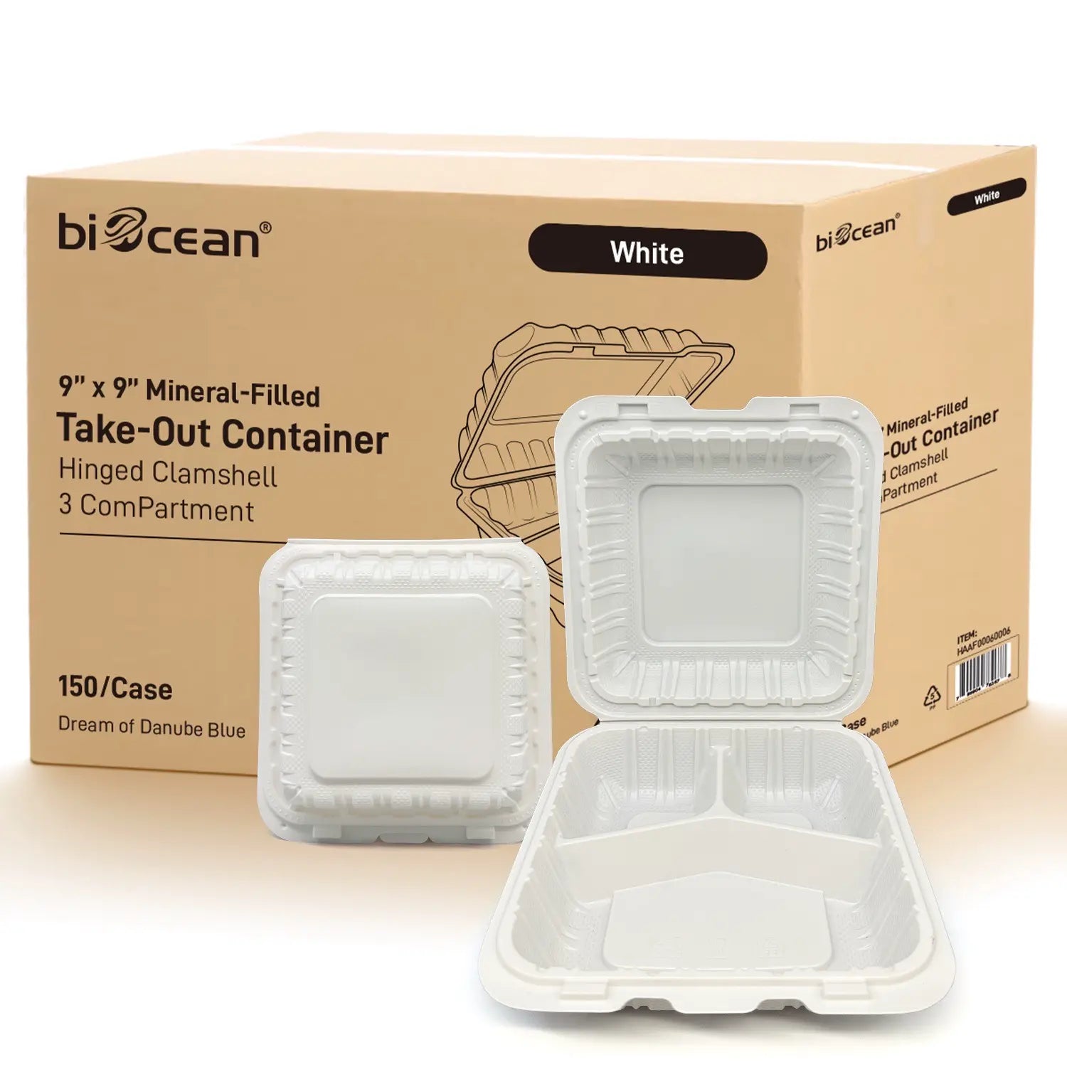 9" x 9" 3-Compartment White PP  Hinged Food Containers- 150/Case