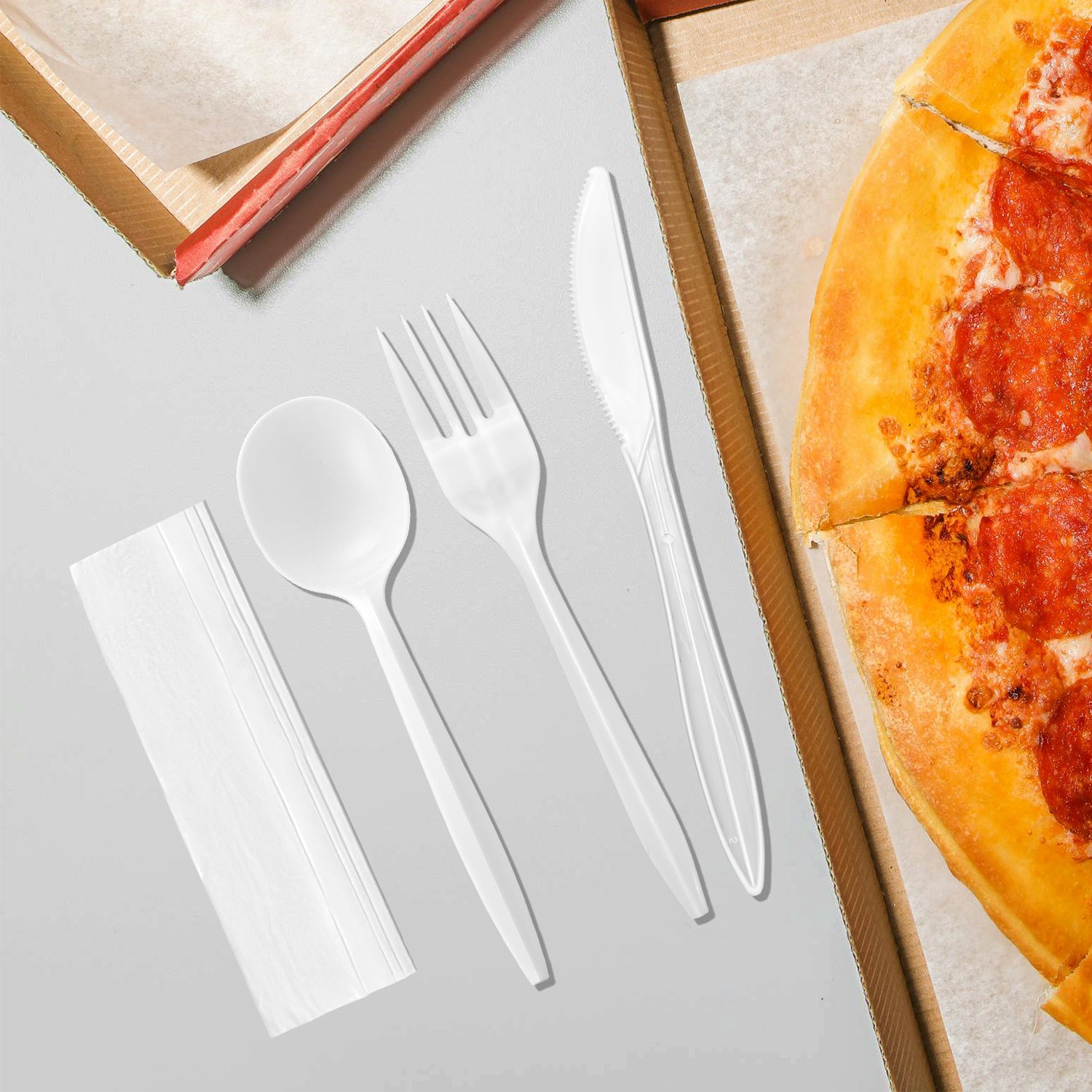 [250ct] PP Plastic Medium Weight Cutlery Kits (Knife,Fork,Soup Spoon,Napkin) | White