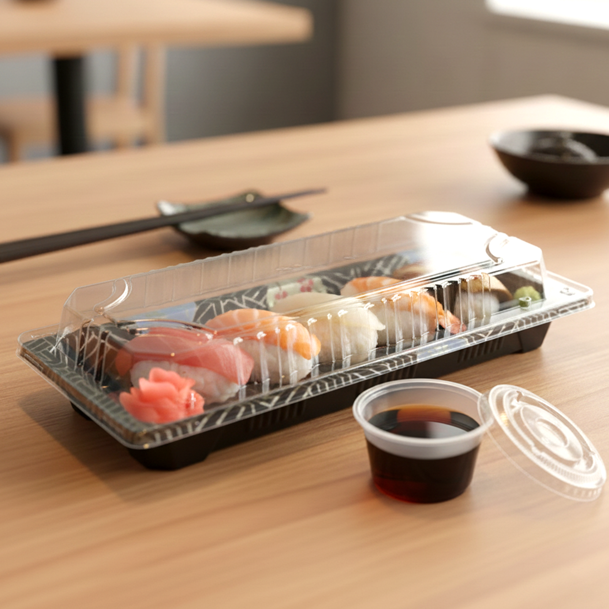 [1,400ct] PS Plastic 8 7/9" x 3 7/9" Sushi Tray Base with Lid | Black