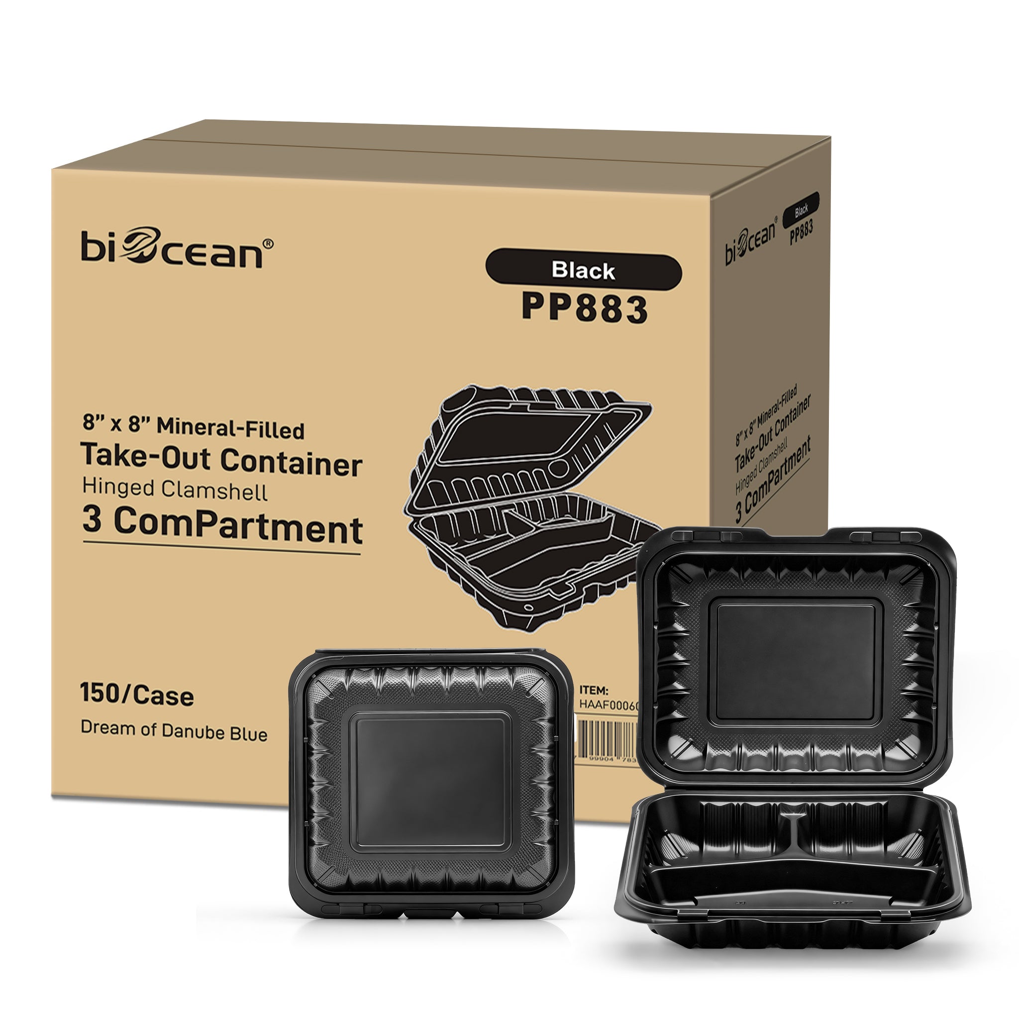 8" x 8" 3-Compartment Black PP Hinged Food Containers- 150/Case