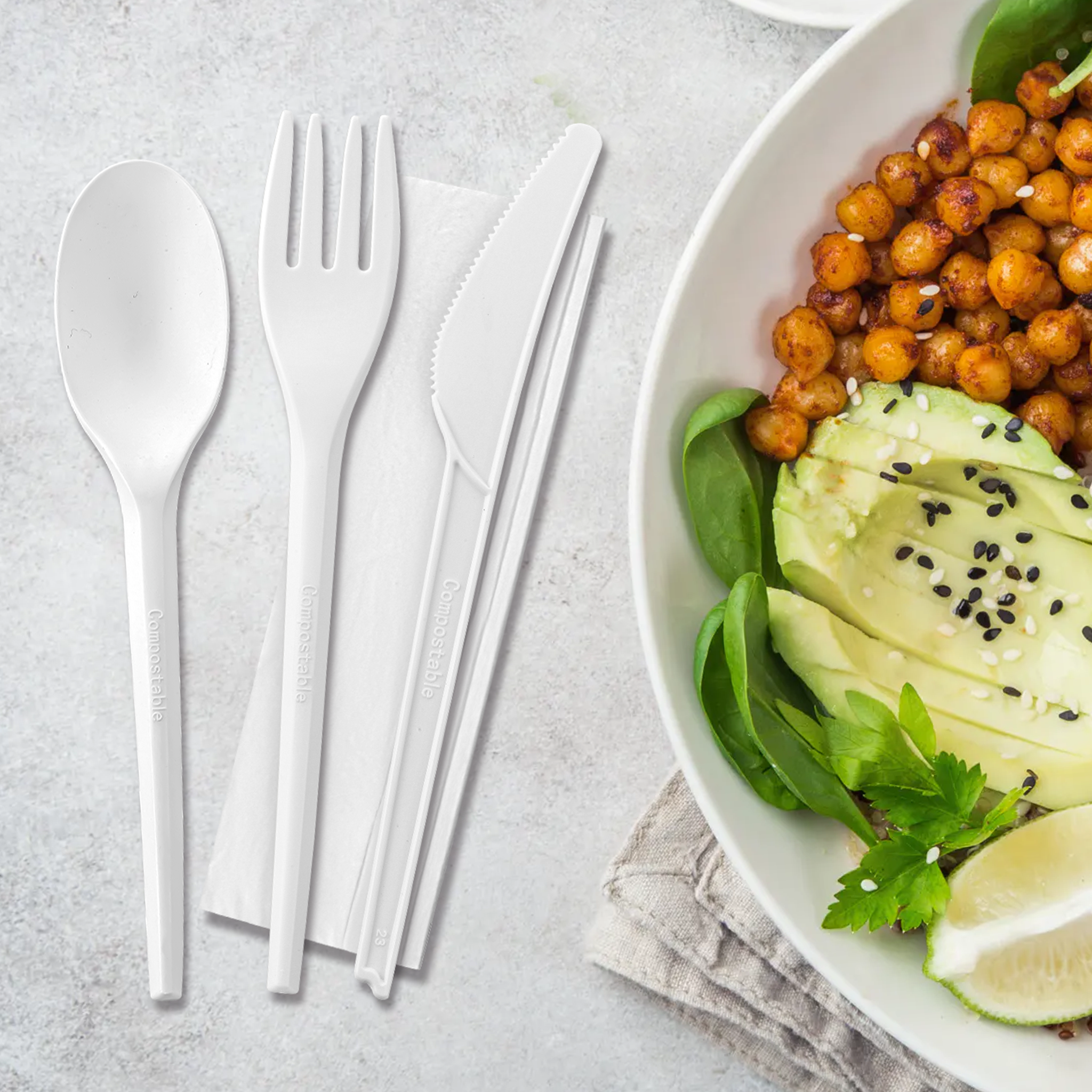 [250ct] PLA Heavy Weight Cutlery Kits (Knife, Fork,Tea Spoon,Napkin) | White