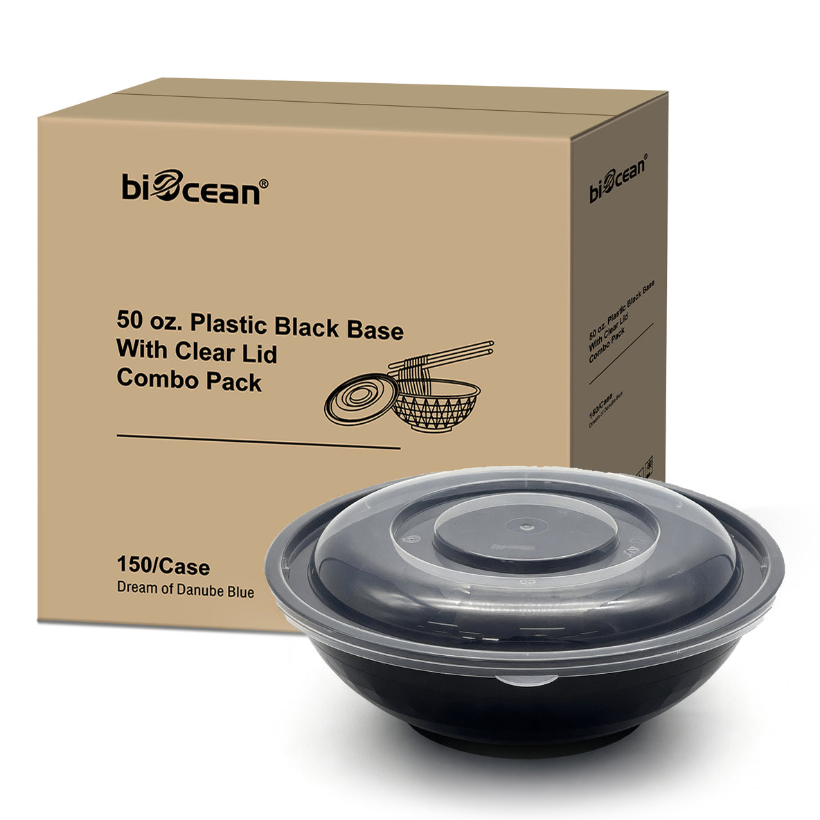 [150ct] 50 oz Microwaveable Heavy Weight Bowls & Lids | Round | Black
