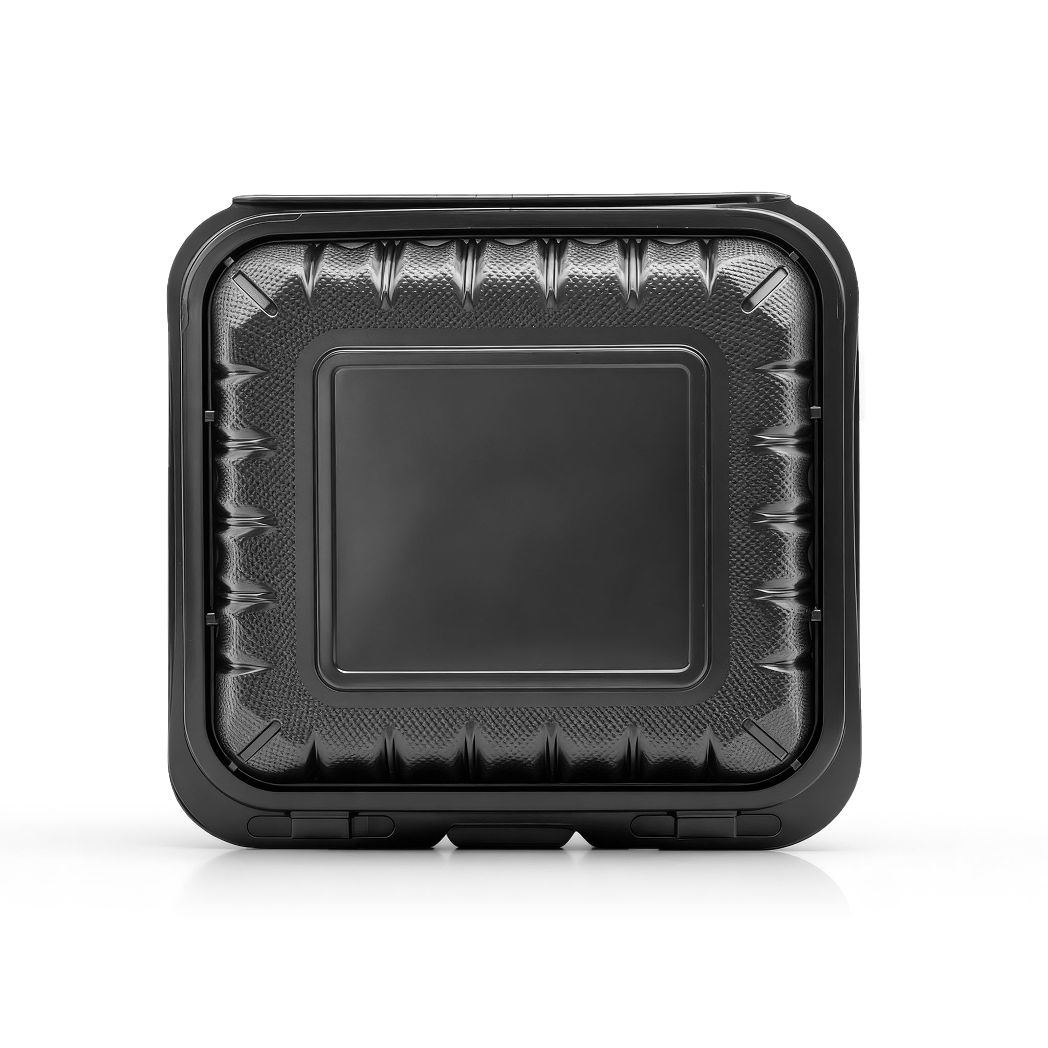 8" x 8" 3-Compartment Black PP Hinged Food Containers- 150/Case