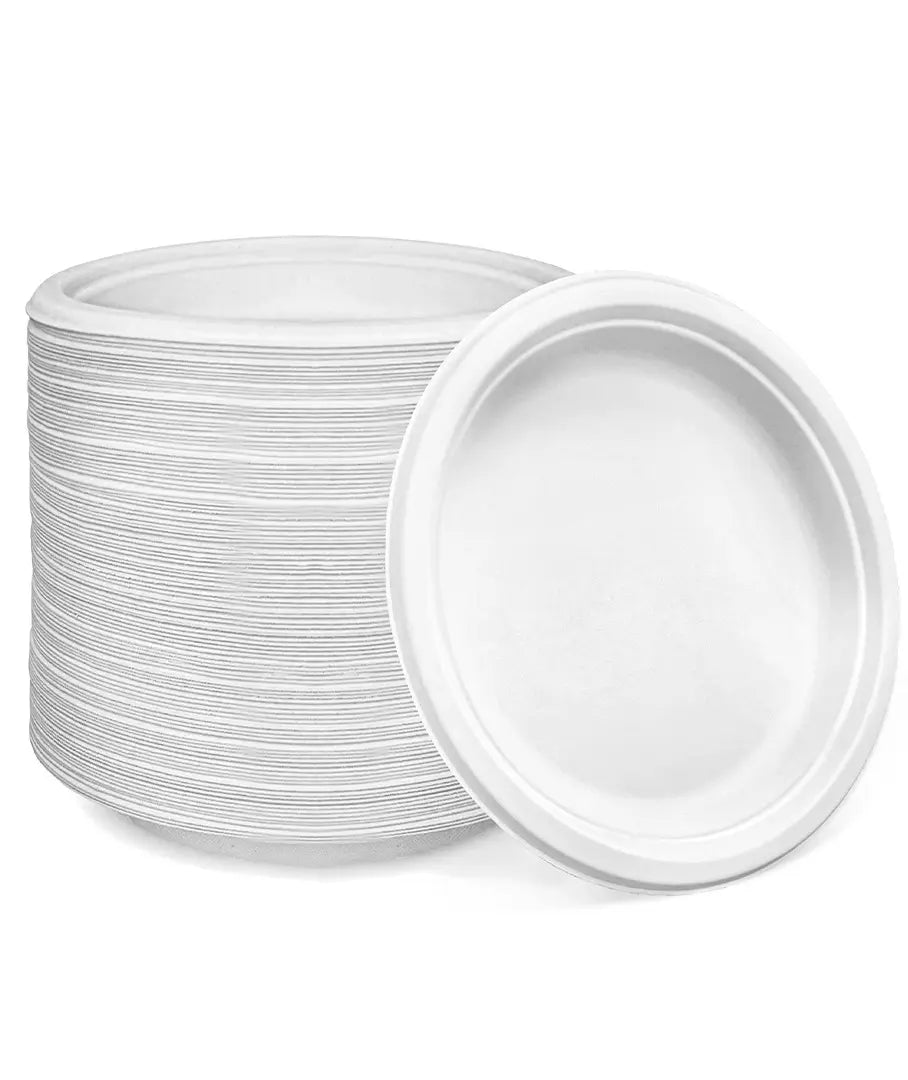 White Compostable Bagasse 9-Inch Round Plates - 500/Case