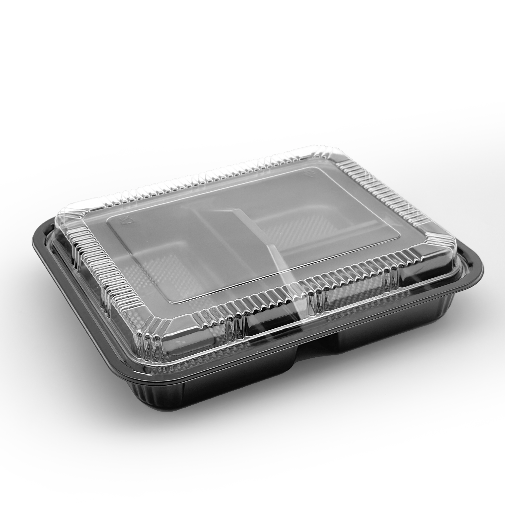 [252ct] PS Plastic  9 2/5" x 7 1/2" Bento Box with lid | 3-compartment | Black